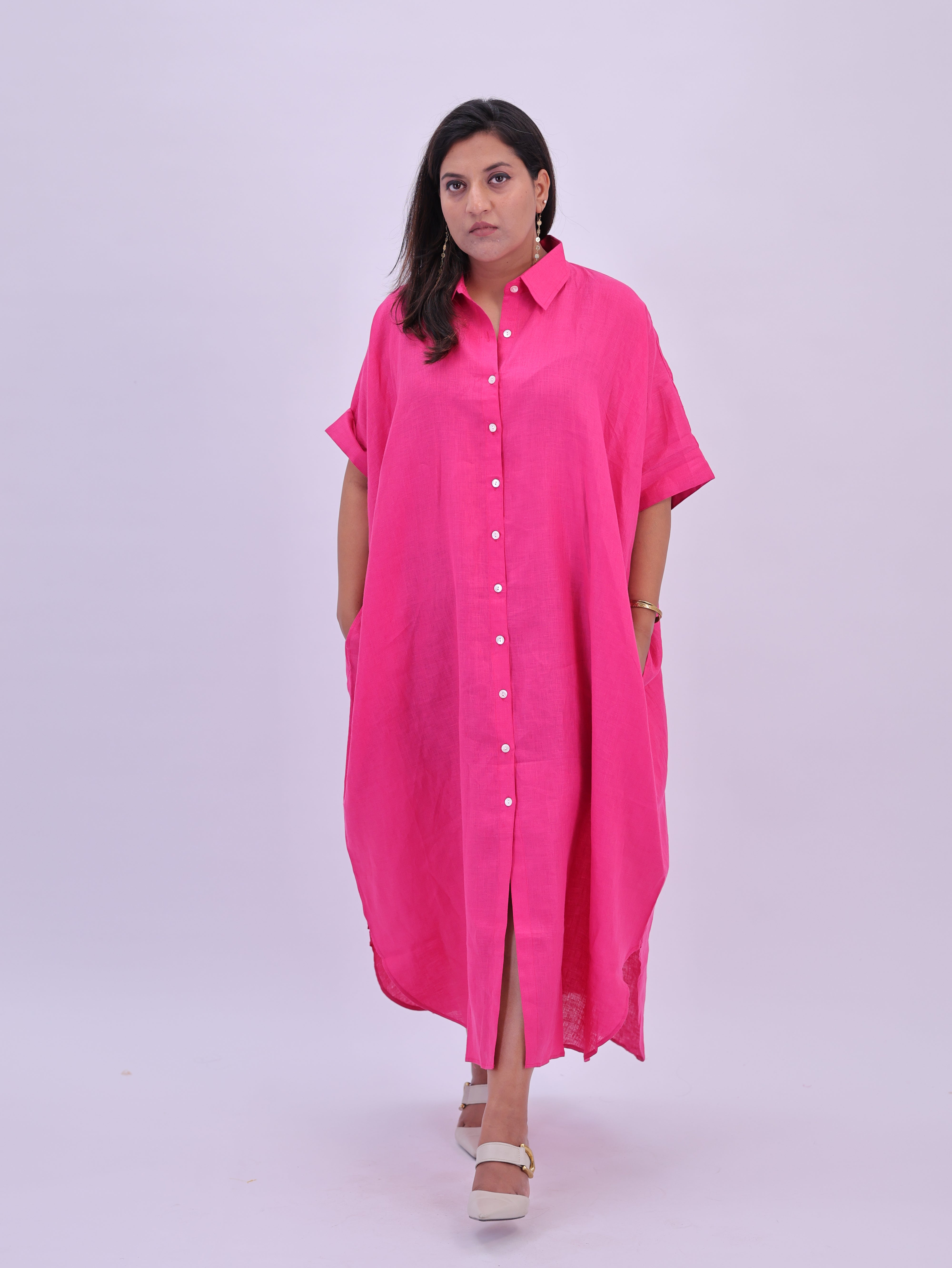 Samah Shirt Style Pure Linen Dress - Hot Pink