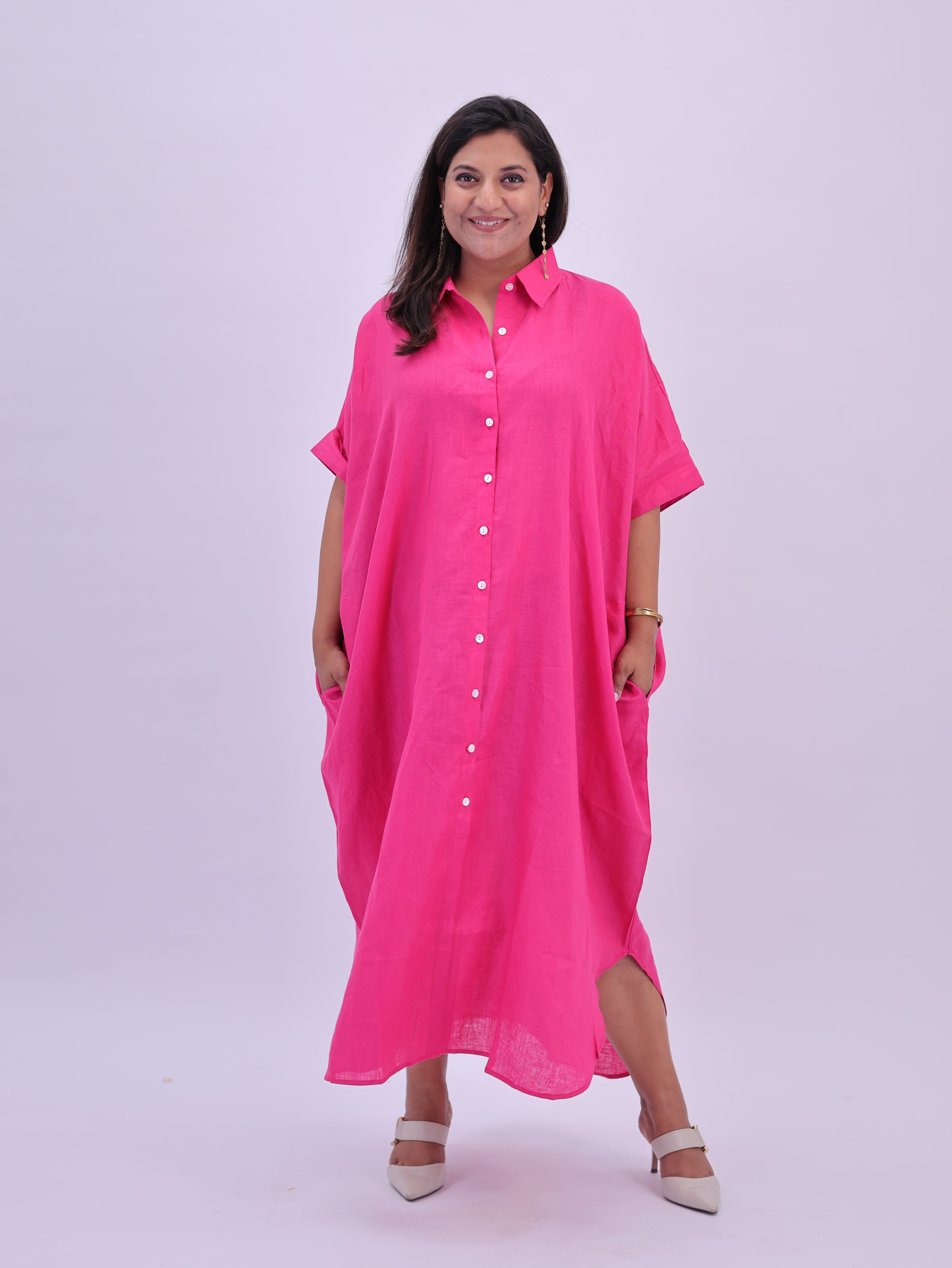 Samah Shirt Style Pure Linen Dress - Hot Pink