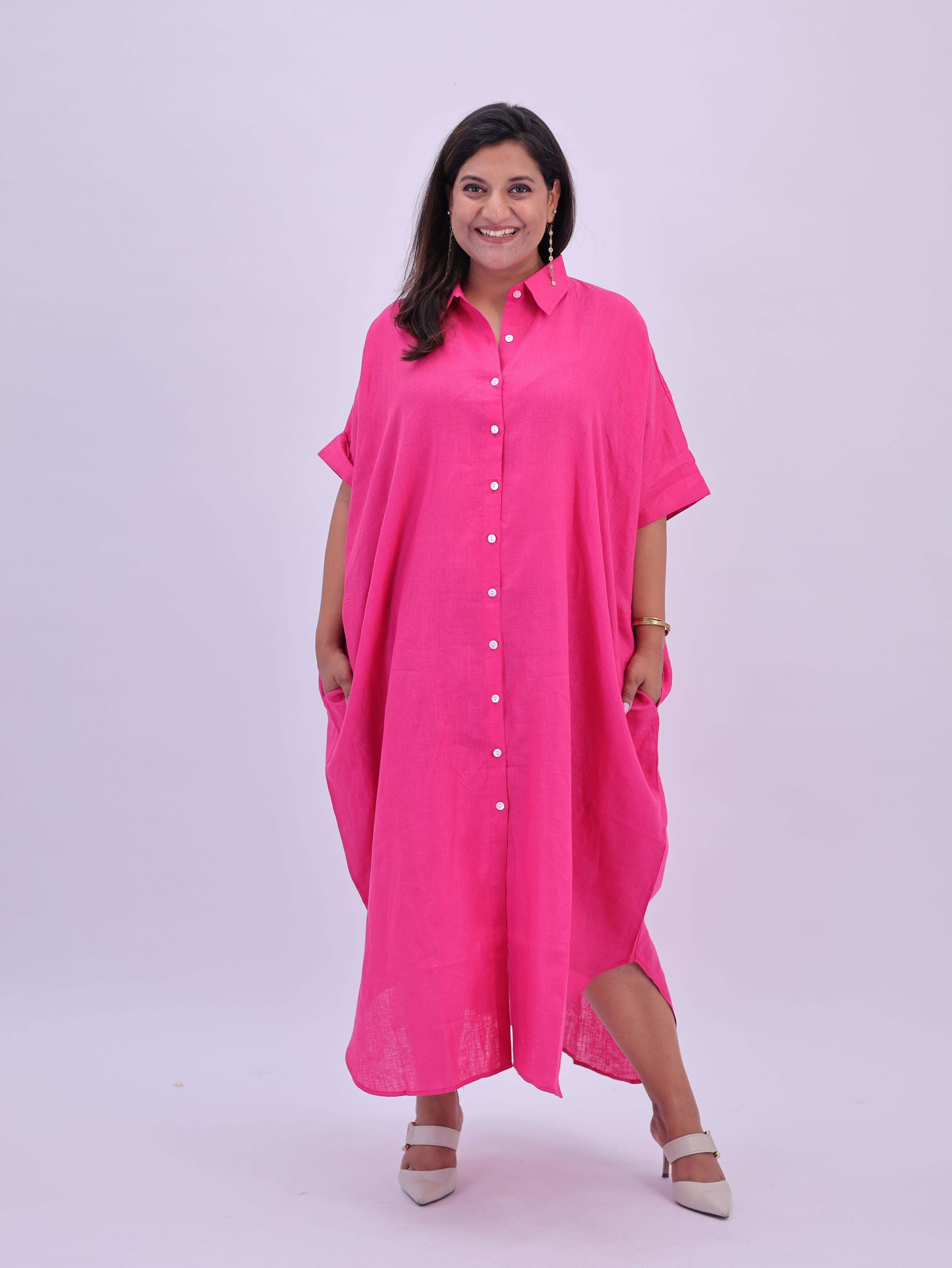 Samah Shirt Style Pure Linen Dress - Hot Pink