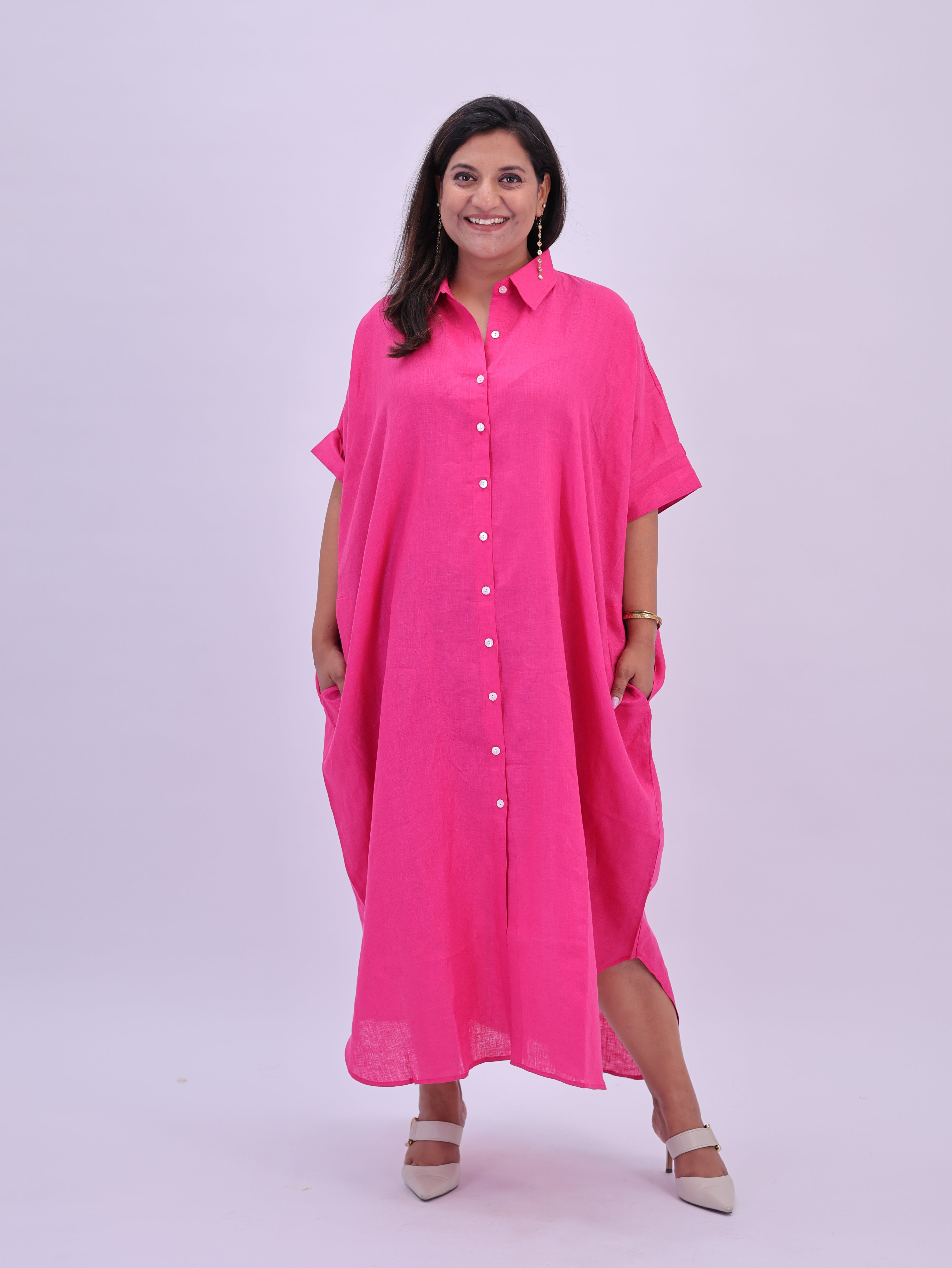 Samah Shirt Style Pure Linen Dress - Hot Pink