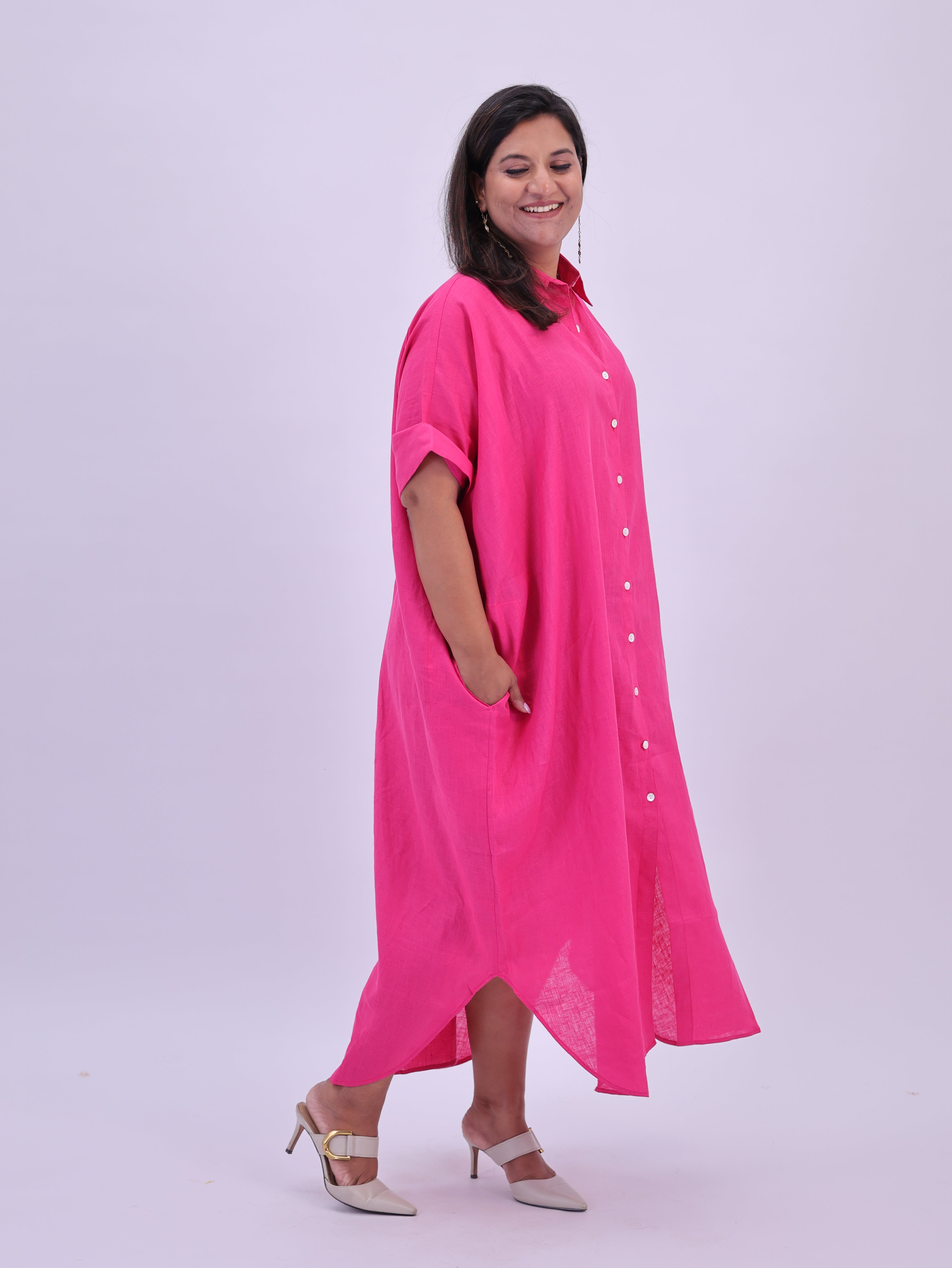 Samah Shirt Style Pure Linen Dress - Hot Pink