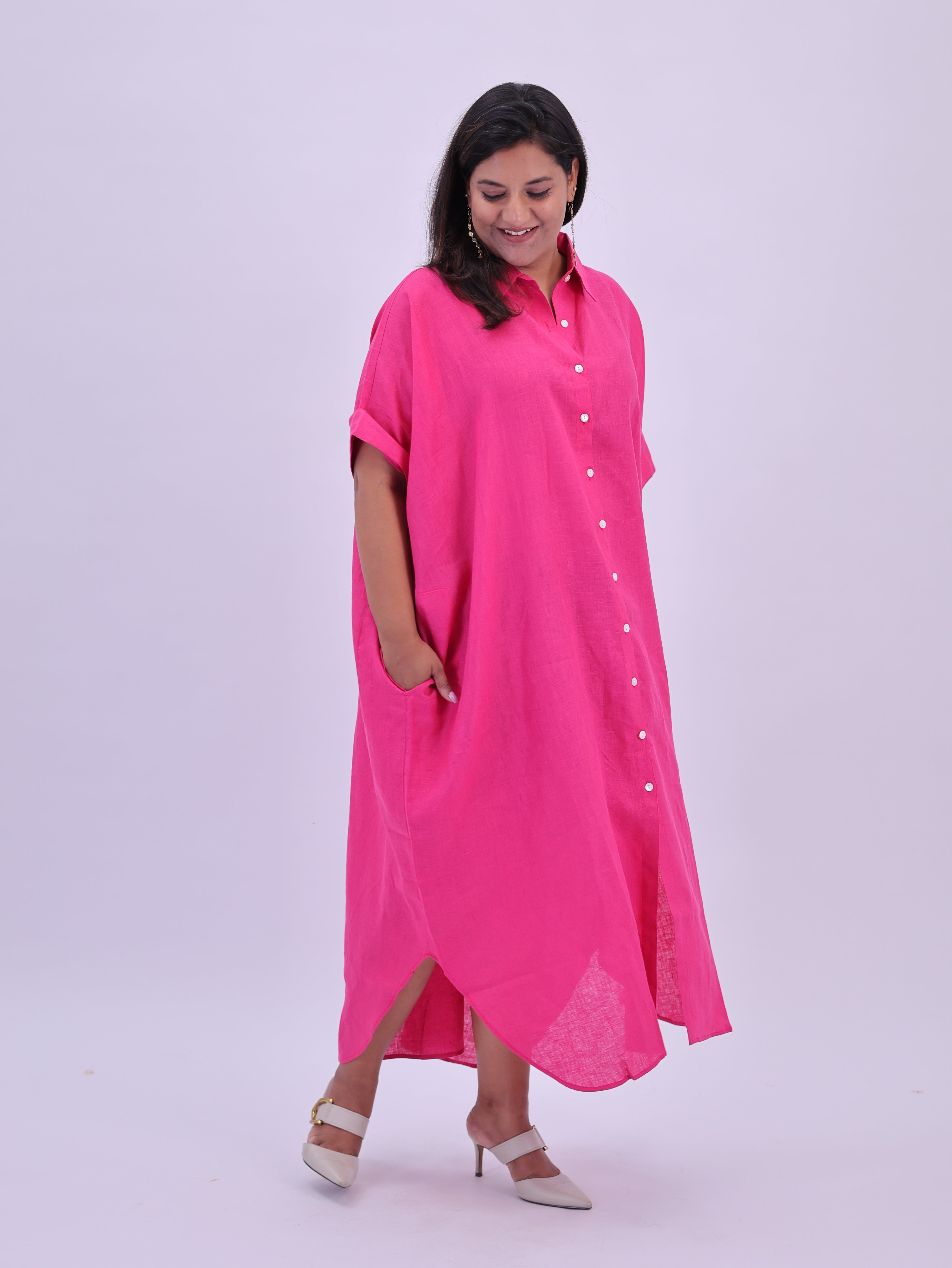 Samah Shirt Style Pure Linen Dress - Hot Pink