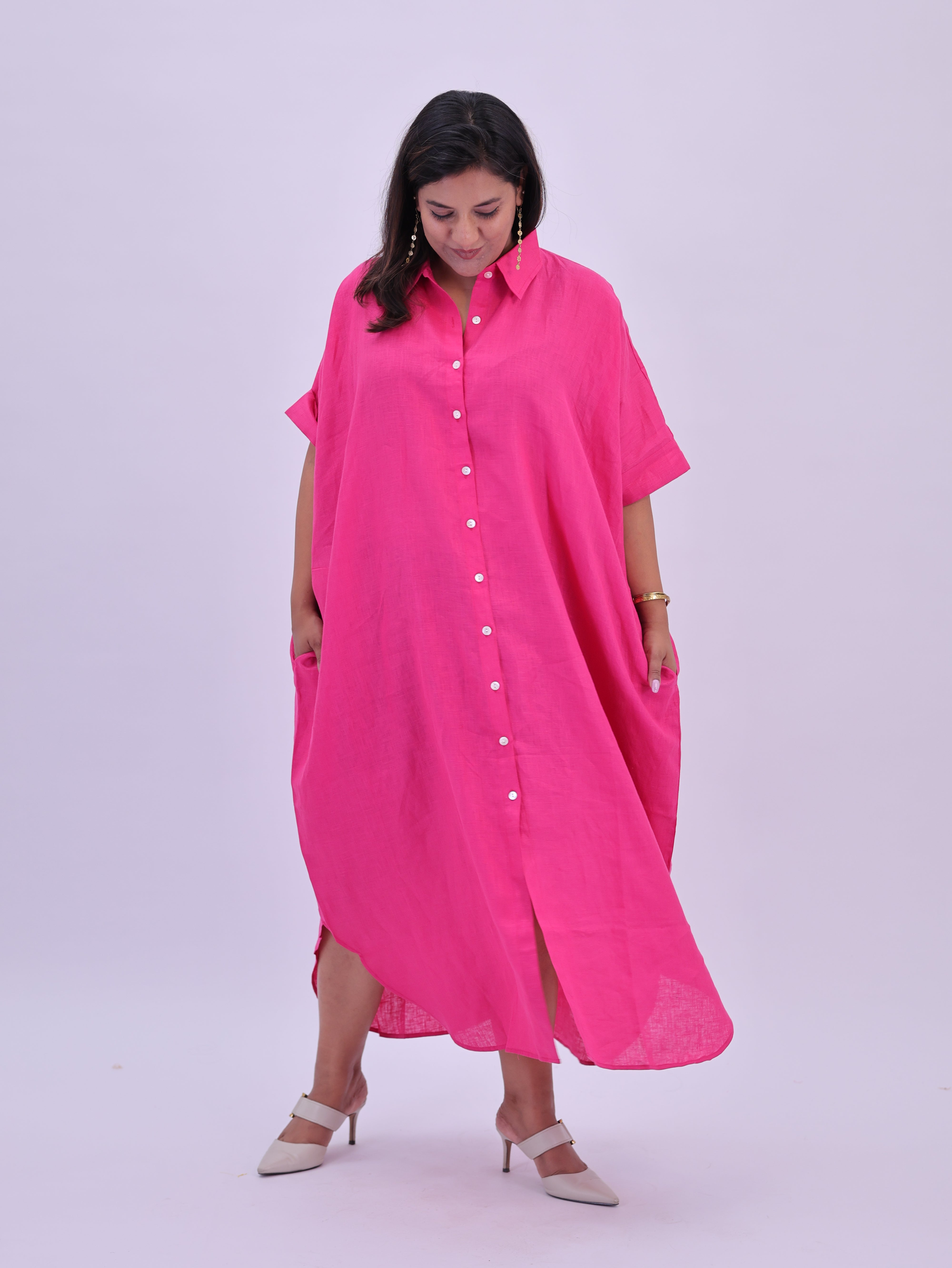 Samah Shirt Style Pure Linen Dress - Hot Pink