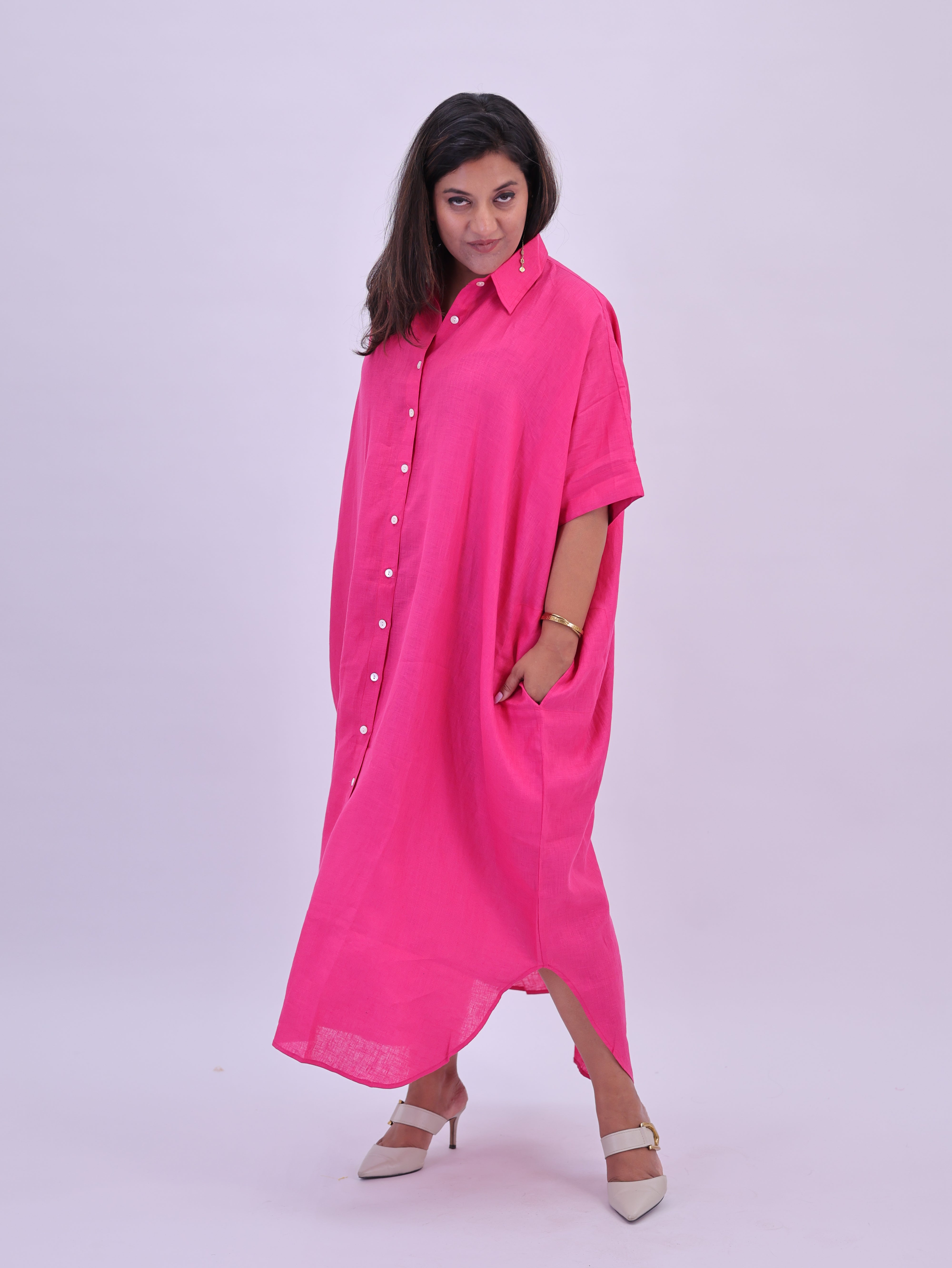 Samah Shirt Style Pure Linen Dress - Hot Pink