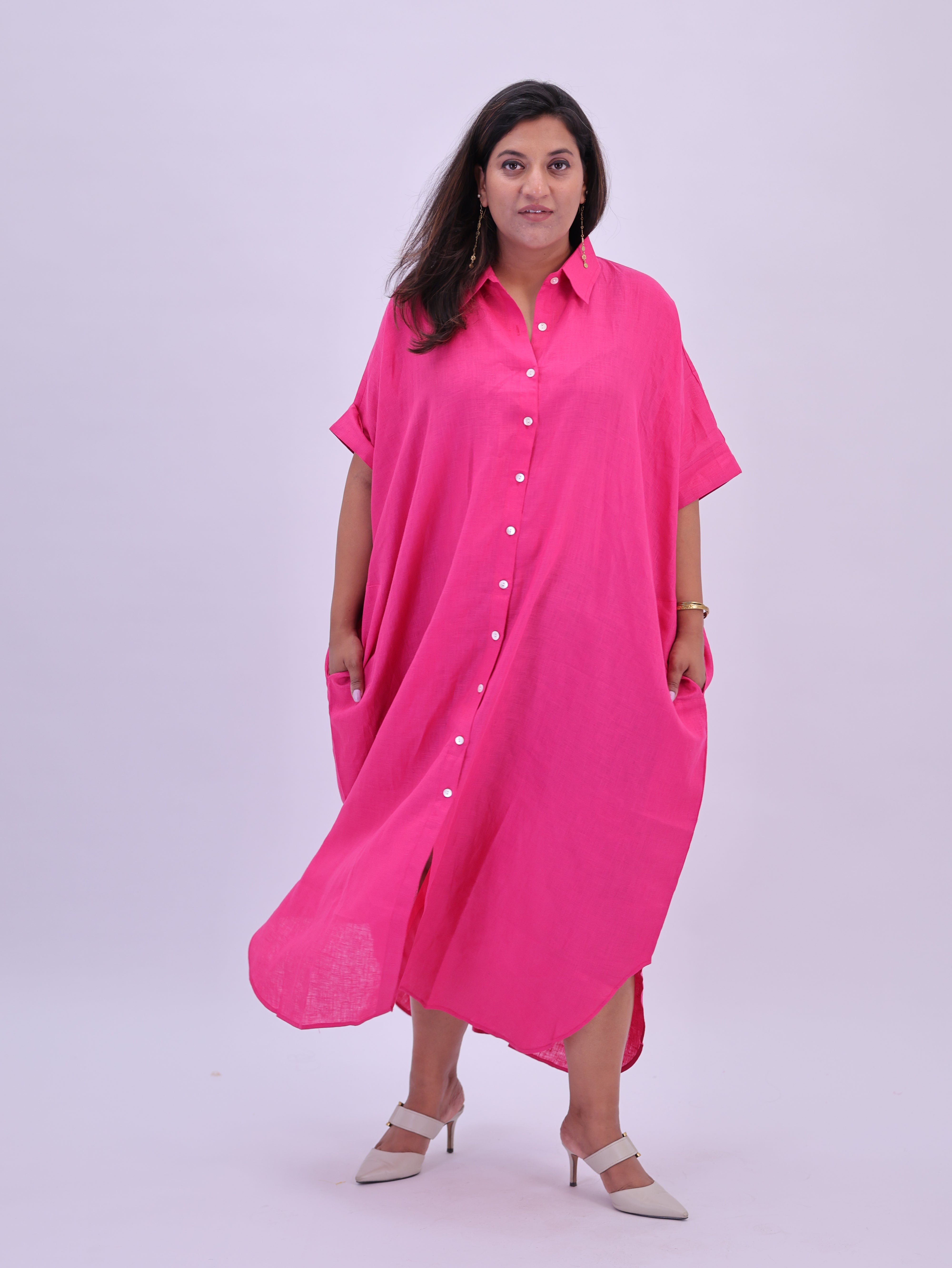 Samah Shirt Style Pure Linen Dress - Hot Pink