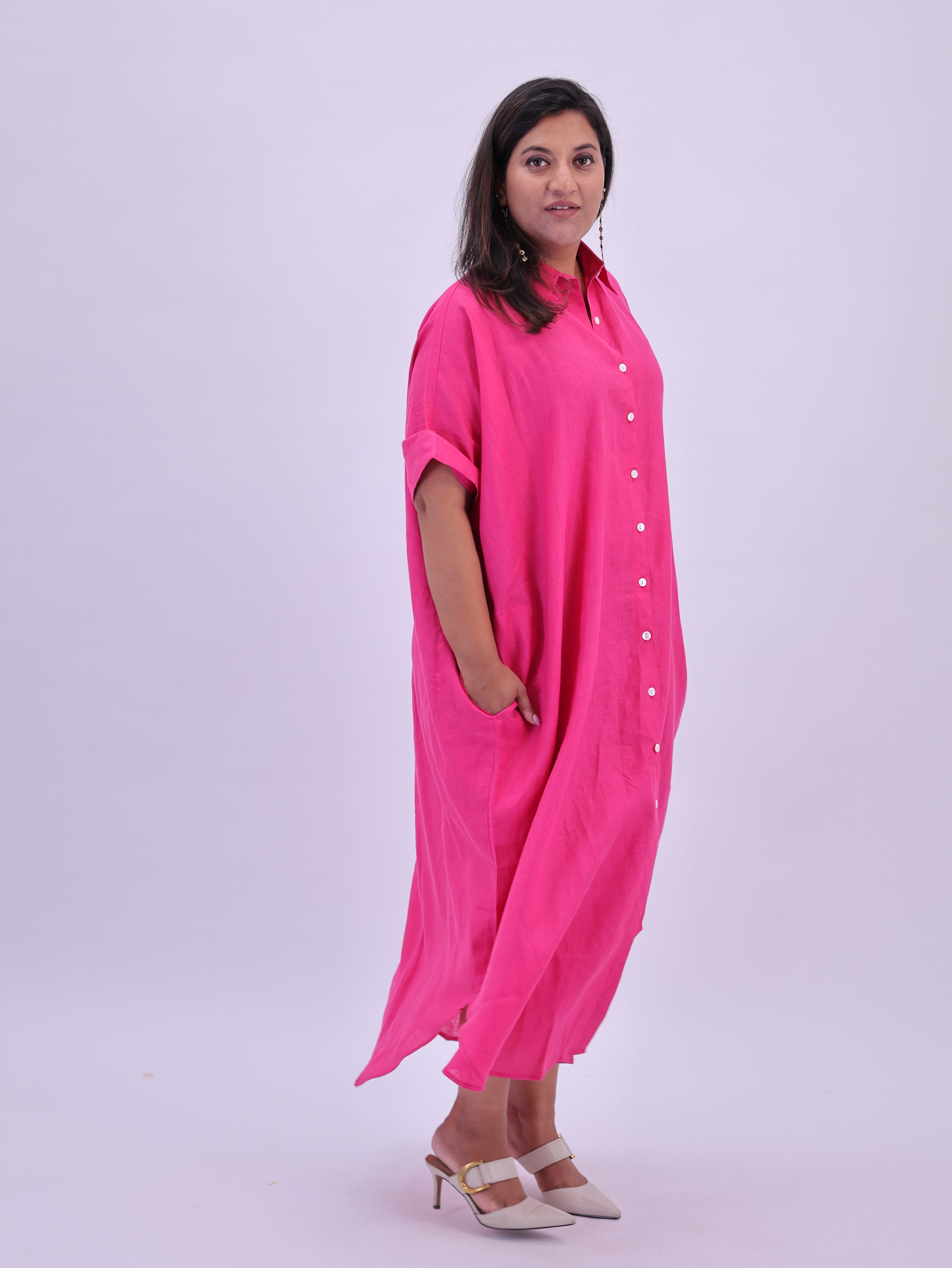 Samah Shirt Style Pure Linen Dress - Hot Pink