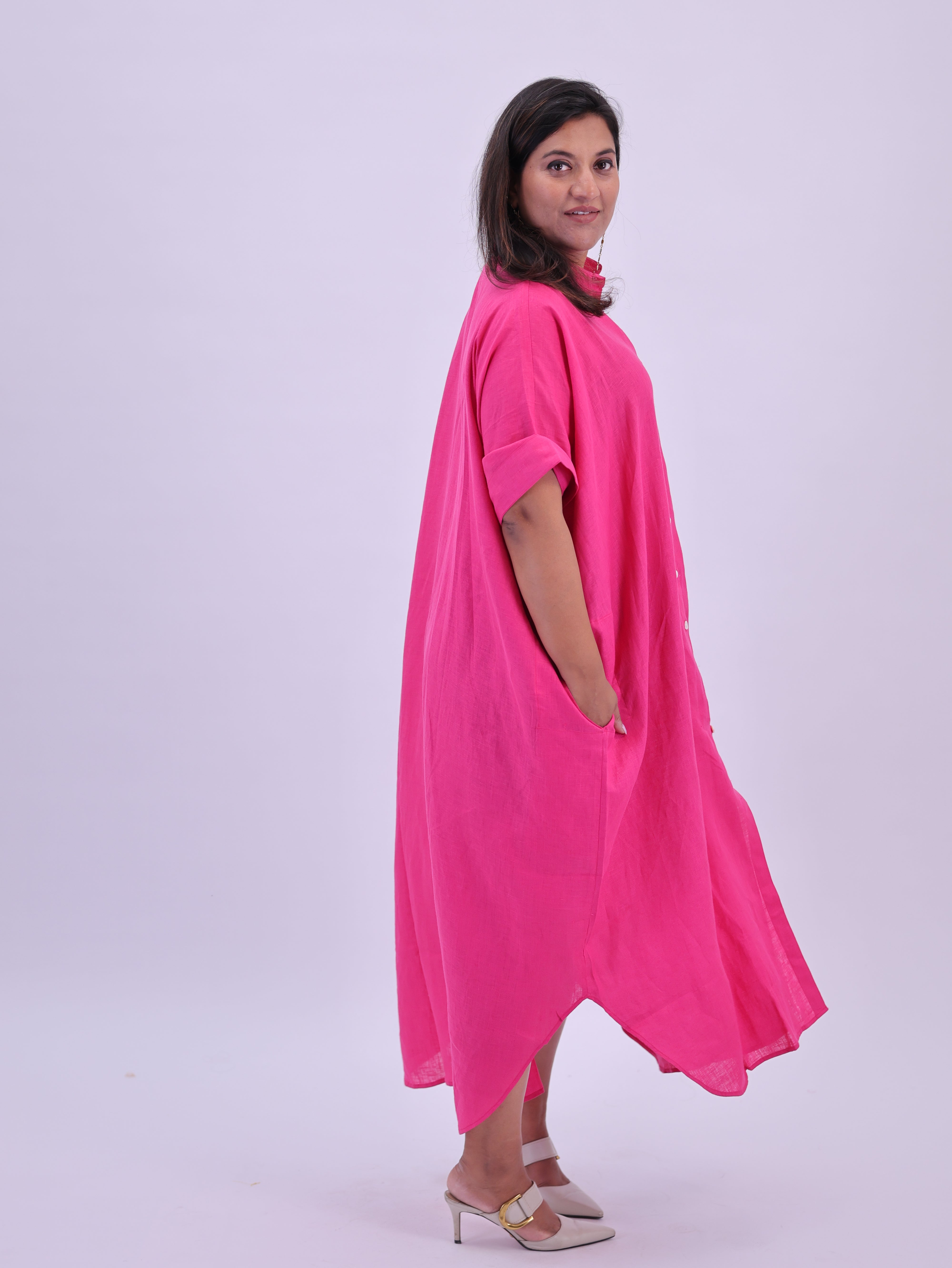 Samah Shirt Style Pure Linen Dress - Hot Pink