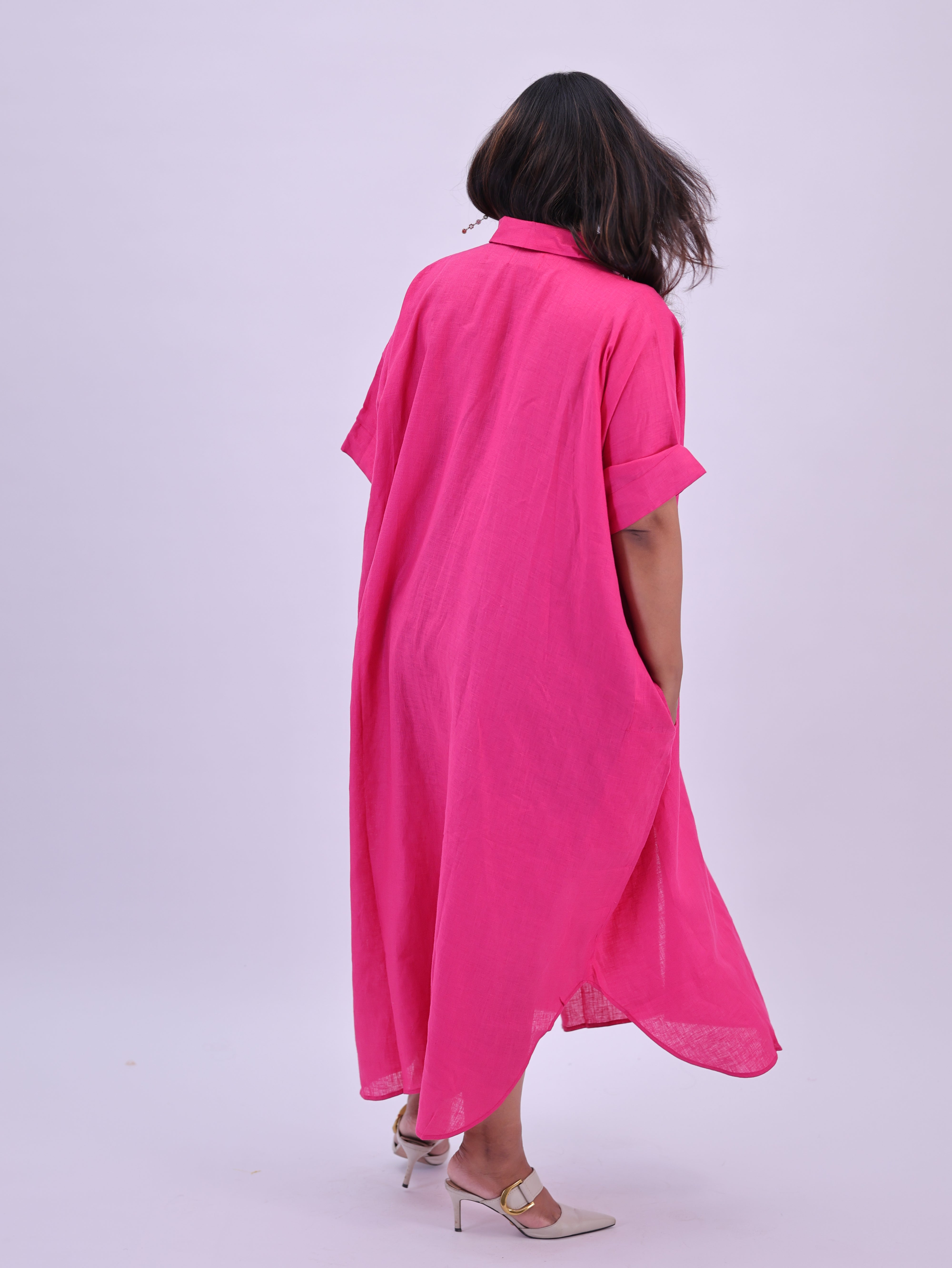 Samah Shirt Style Pure Linen Dress - Hot Pink