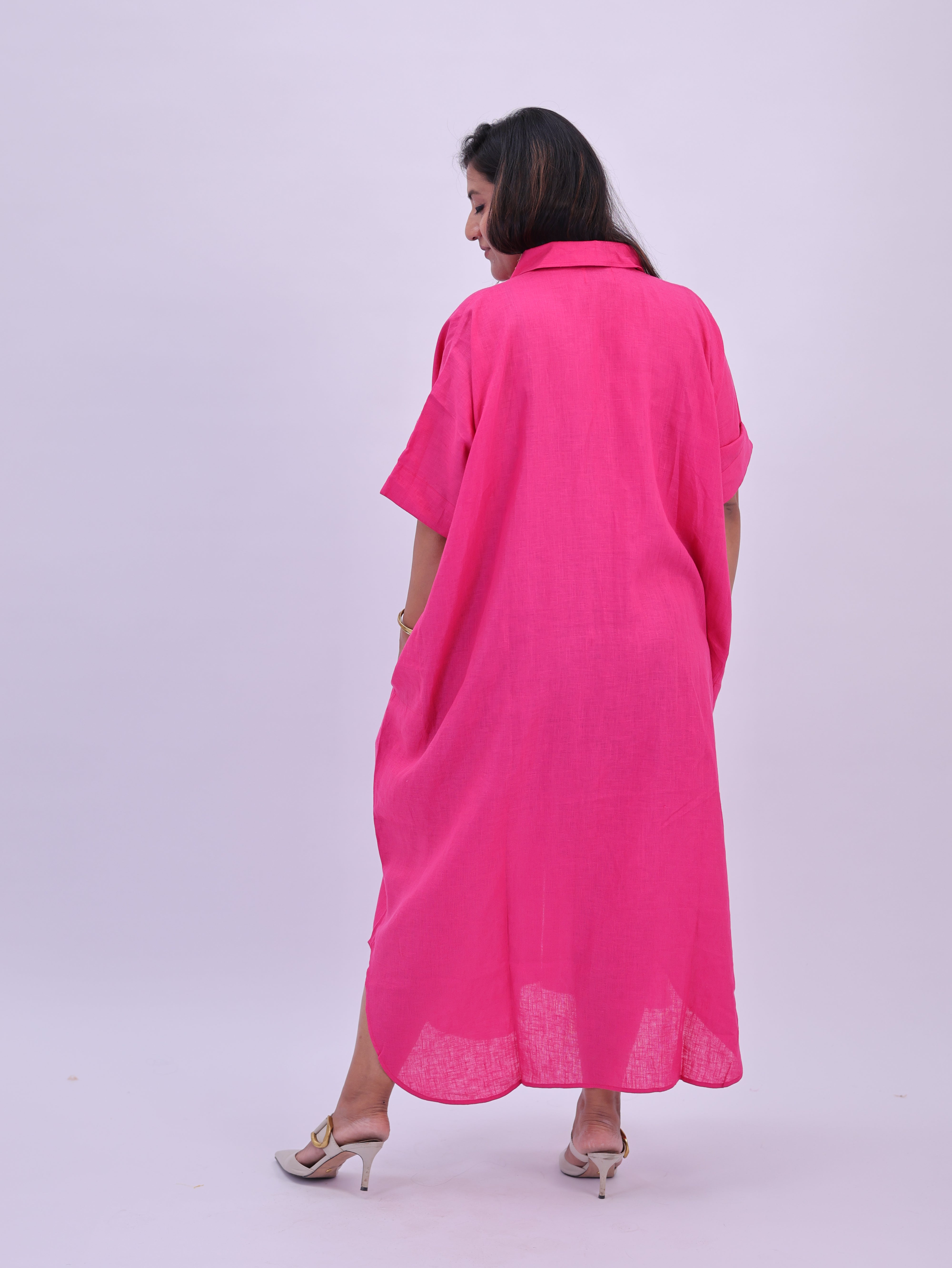 Samah Shirt Style Pure Linen Dress - Hot Pink