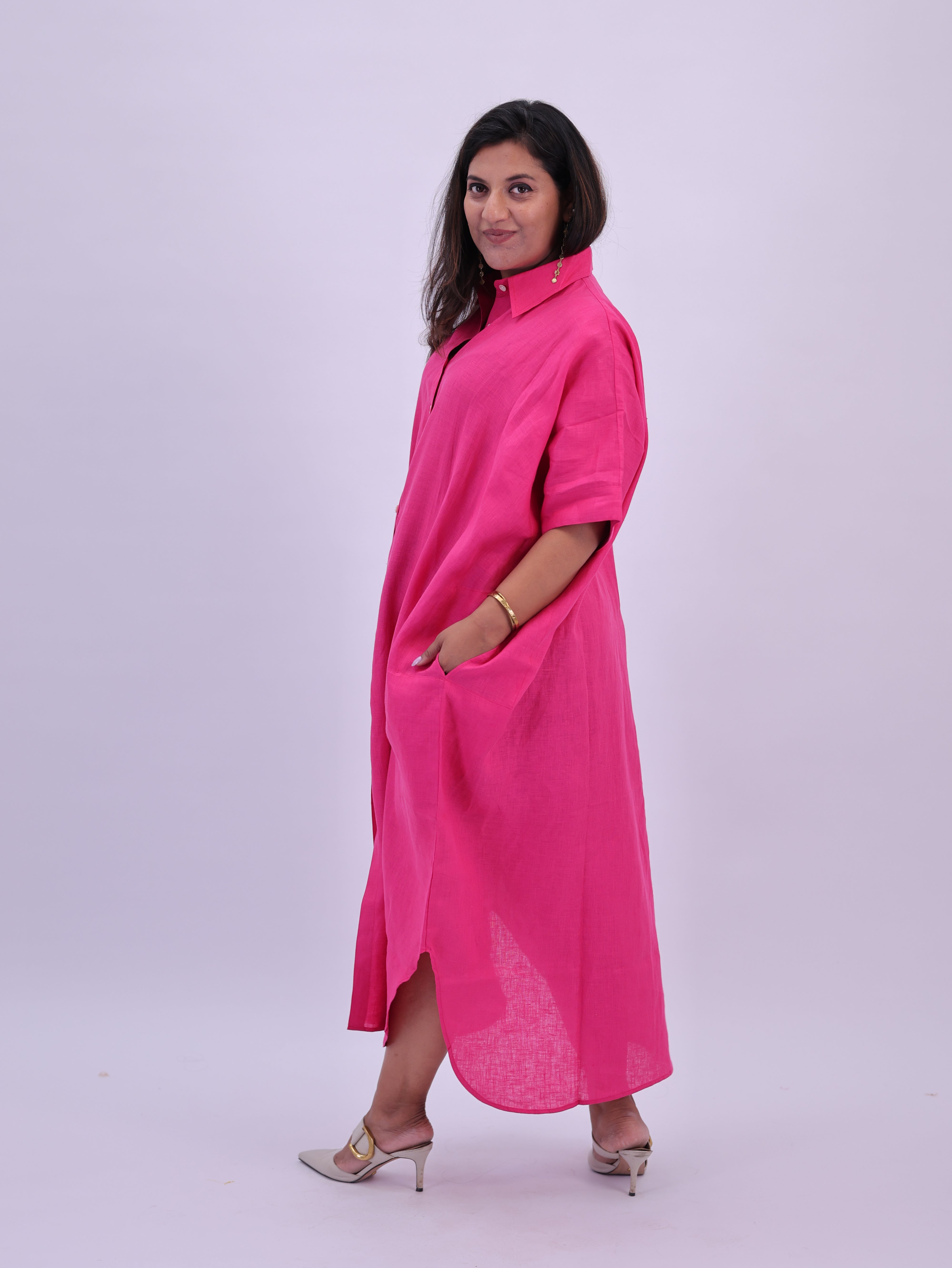 Samah Shirt Style Pure Linen Dress - Hot Pink