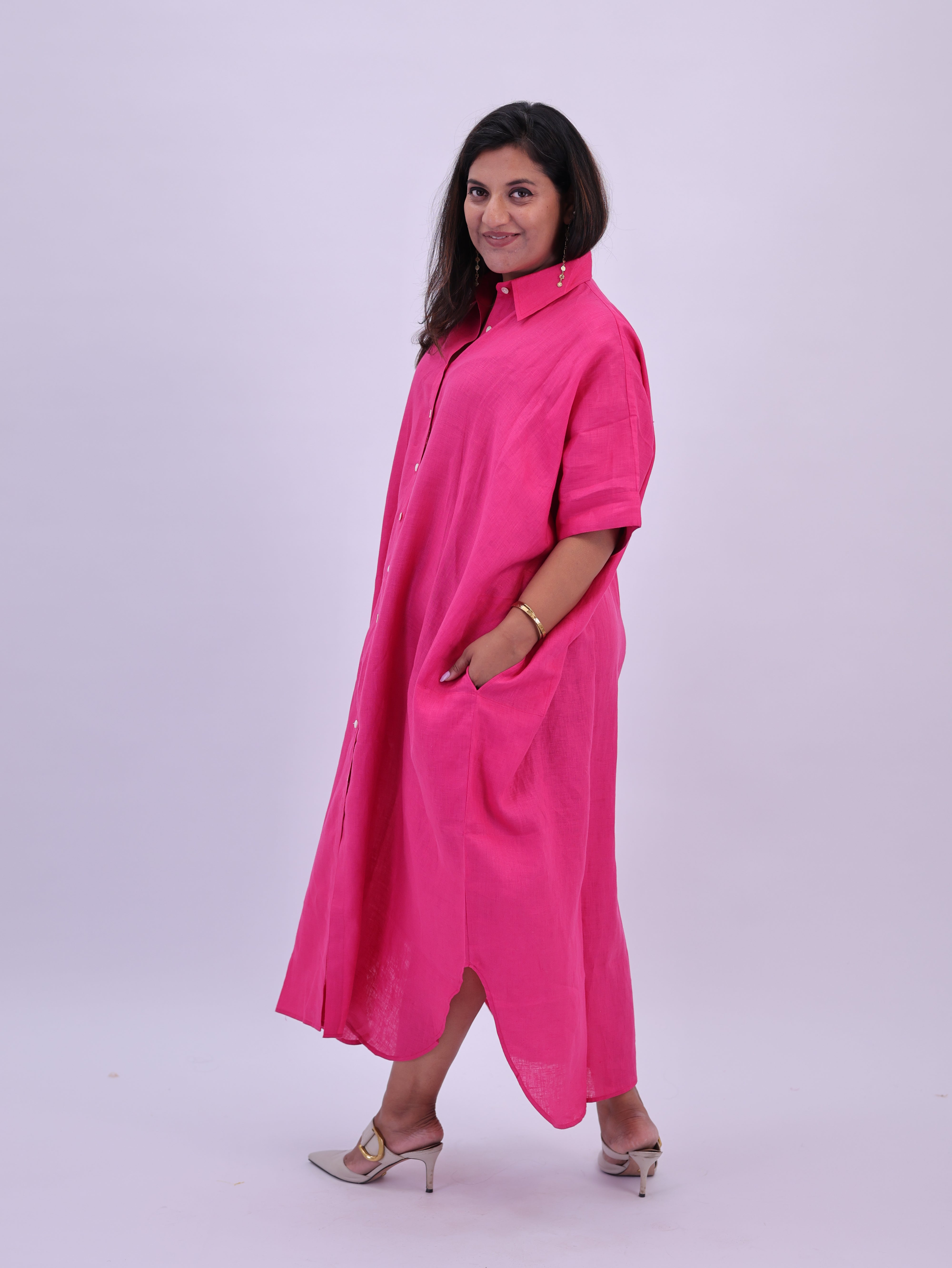 Samah Shirt Style Pure Linen Dress - Hot Pink