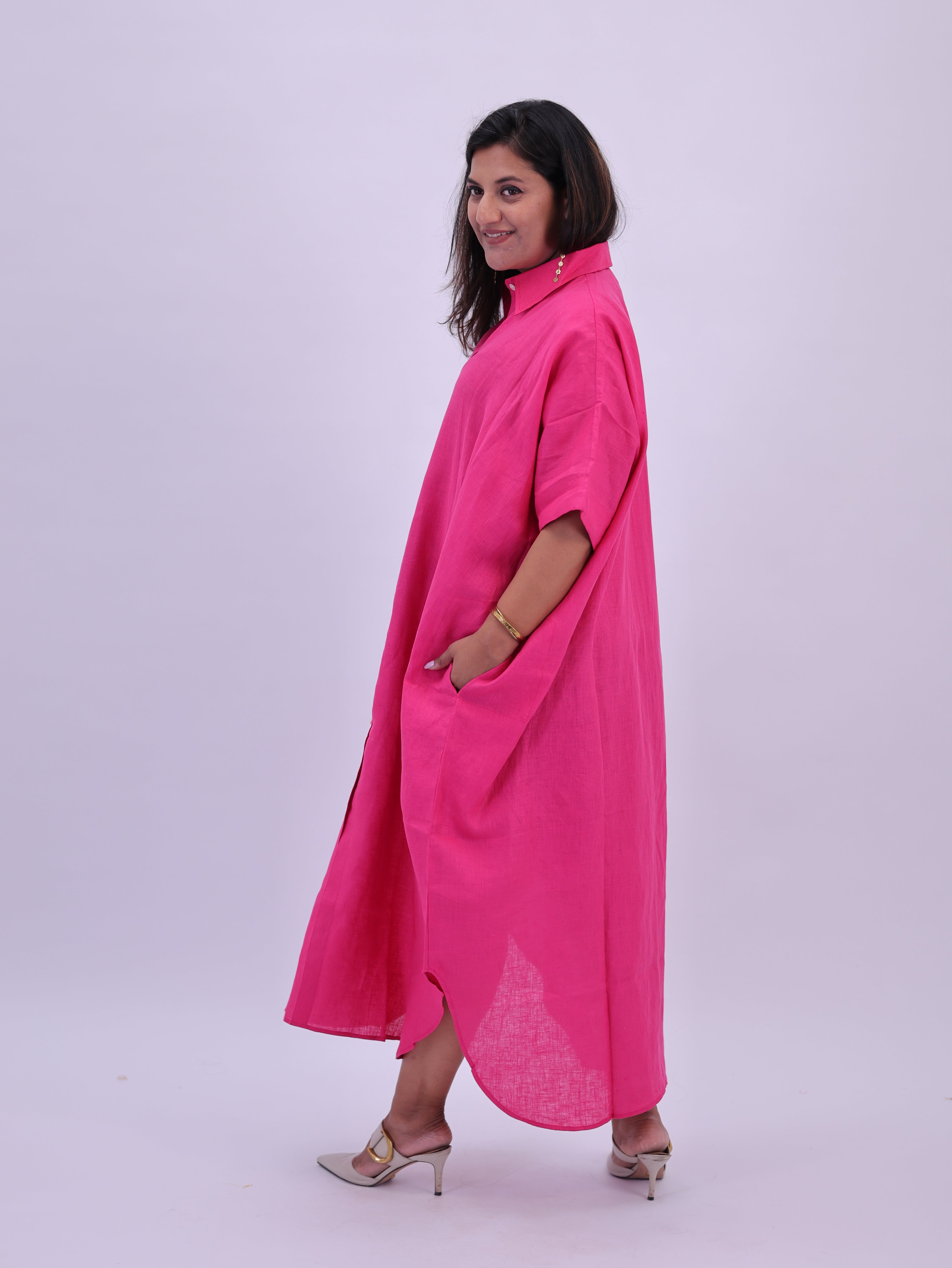 Samah Shirt Style Pure Linen Dress - Hot Pink