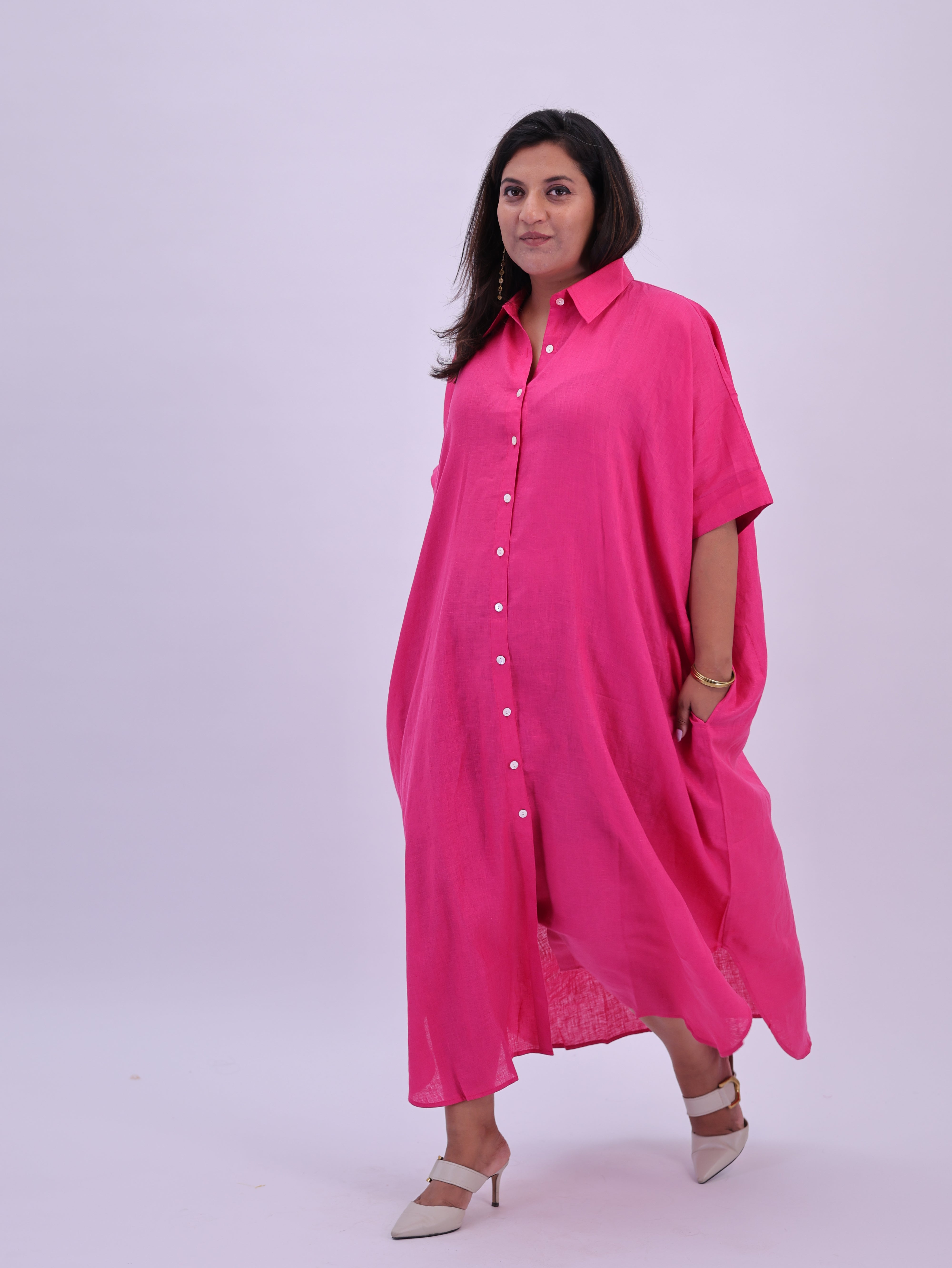 Samah Shirt Style Pure Linen Dress - Hot Pink