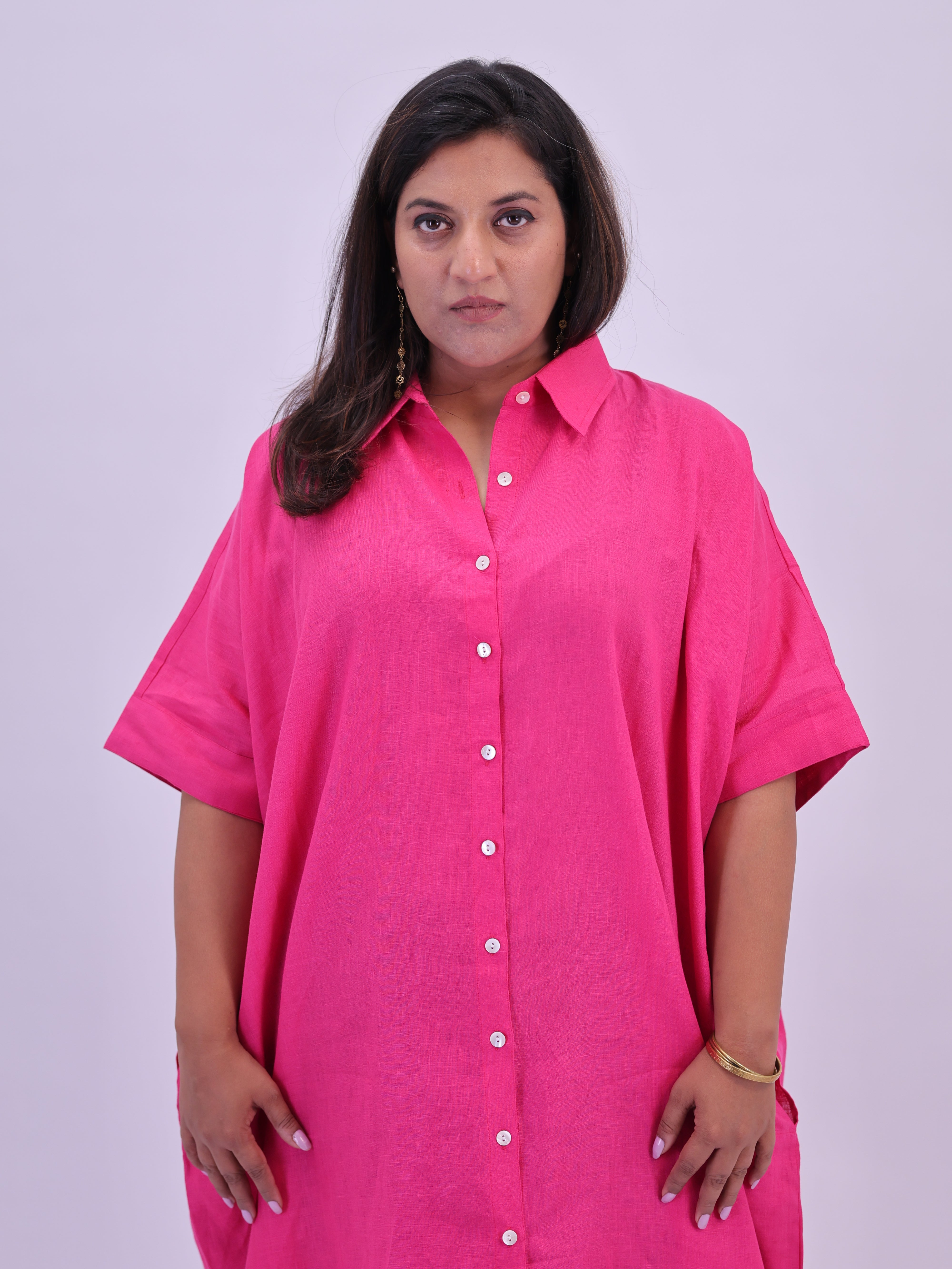 Samah Shirt Style Pure Linen Dress - Hot Pink