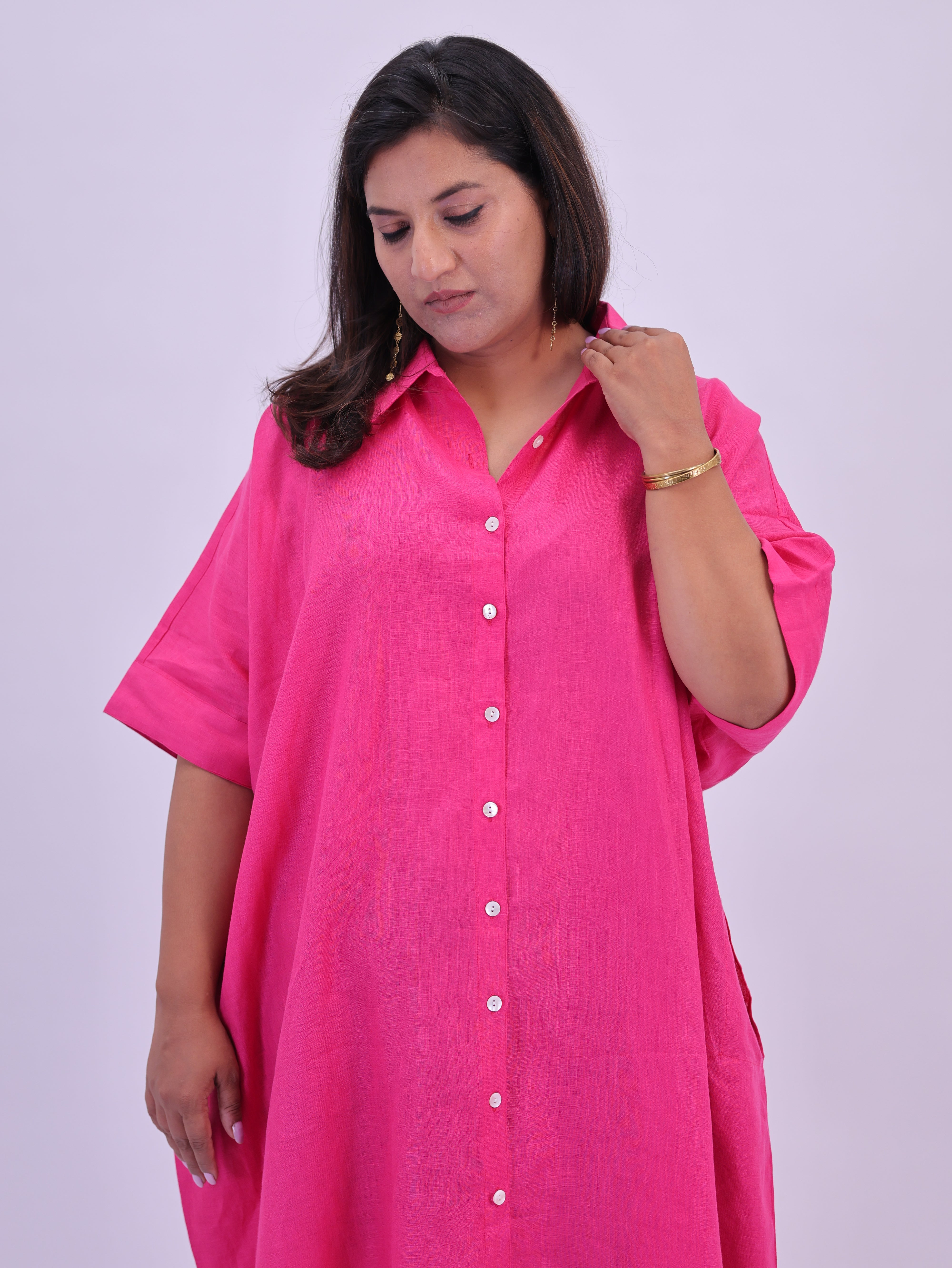 Samah Shirt Style Pure Linen Dress - Hot Pink