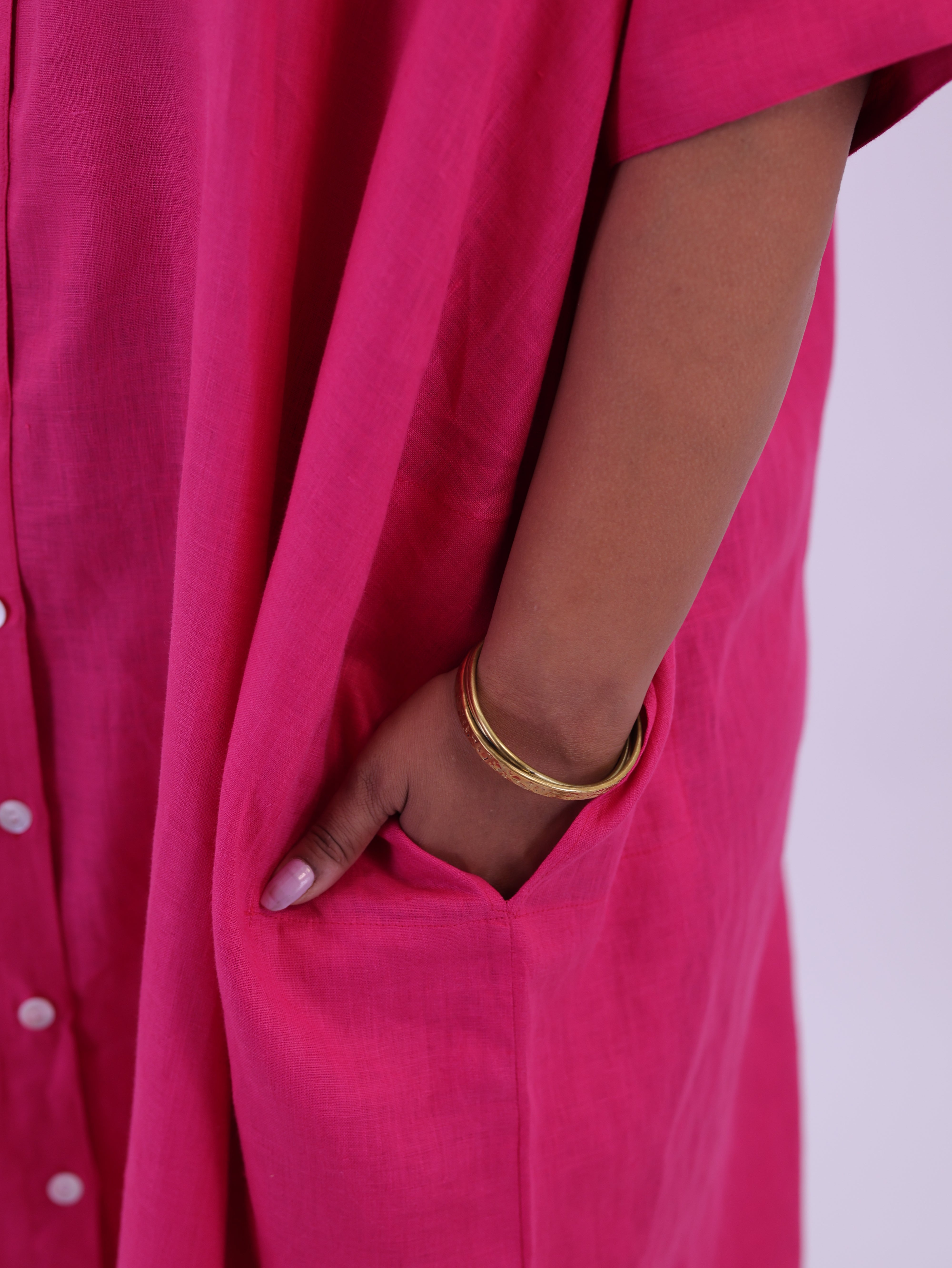 Samah Shirt Style Pure Linen Dress - Hot Pink