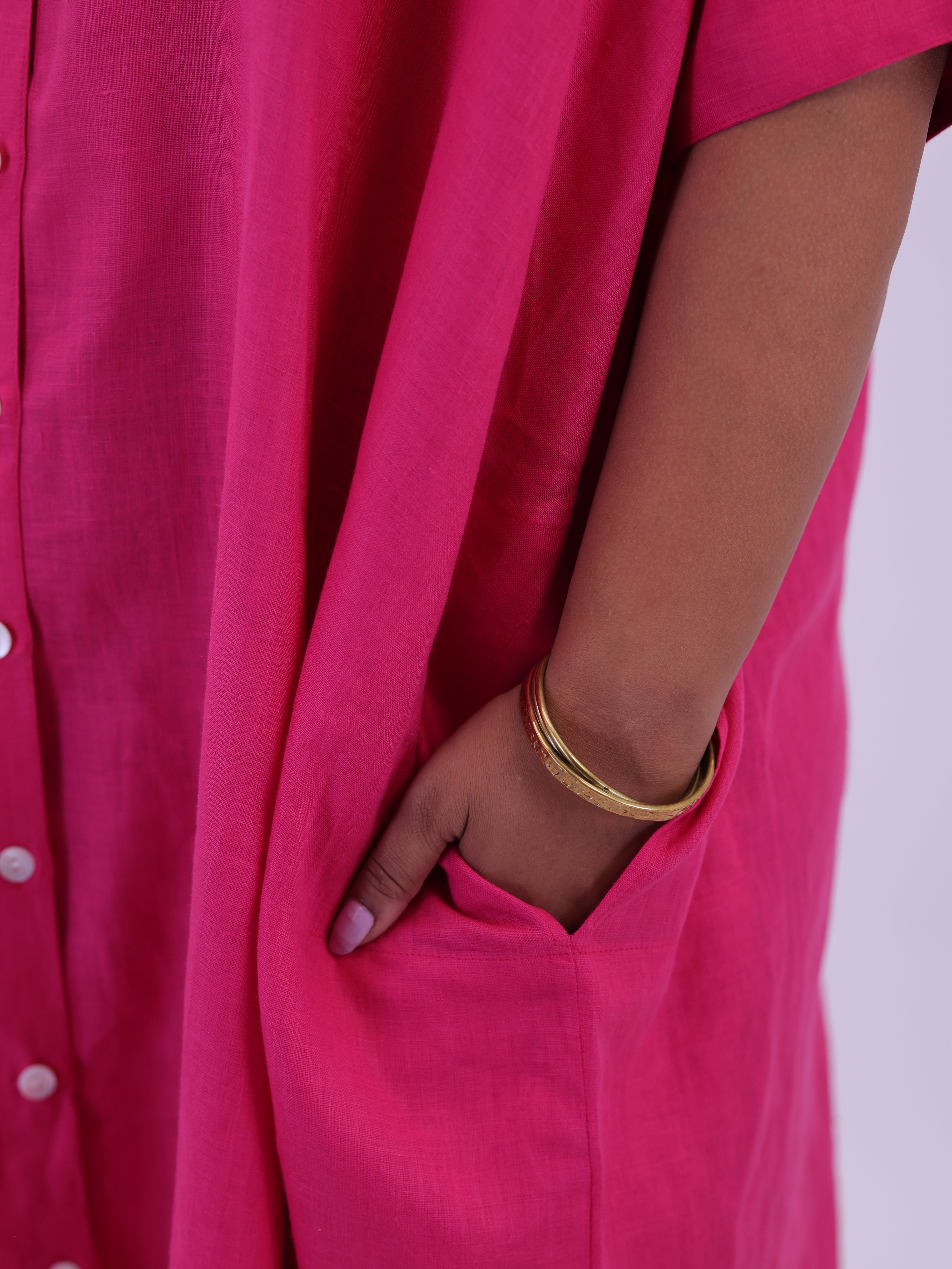 Samah Shirt Style Pure Linen Dress - Hot Pink