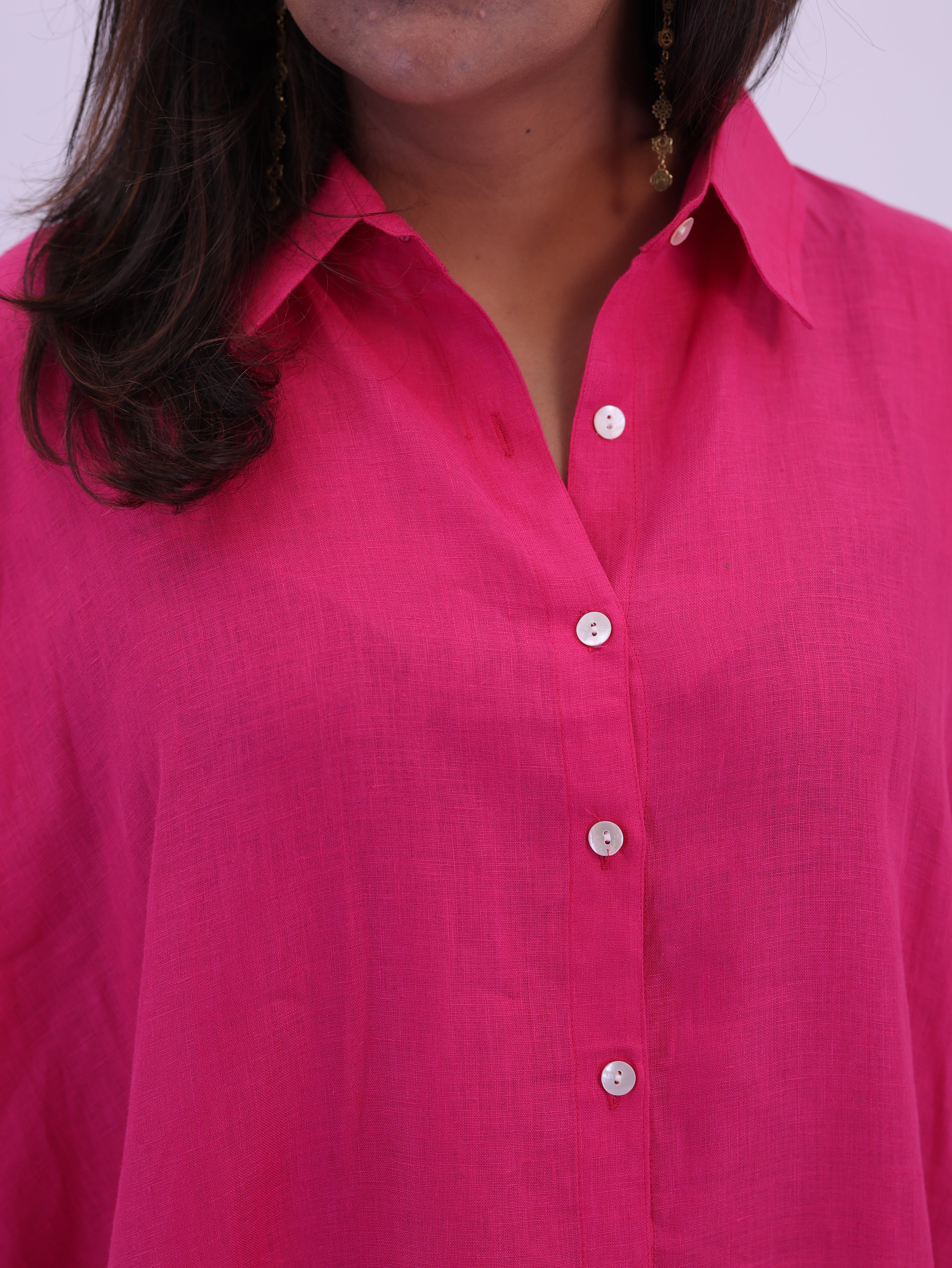 Samah Shirt Style Pure Linen Dress - Hot Pink