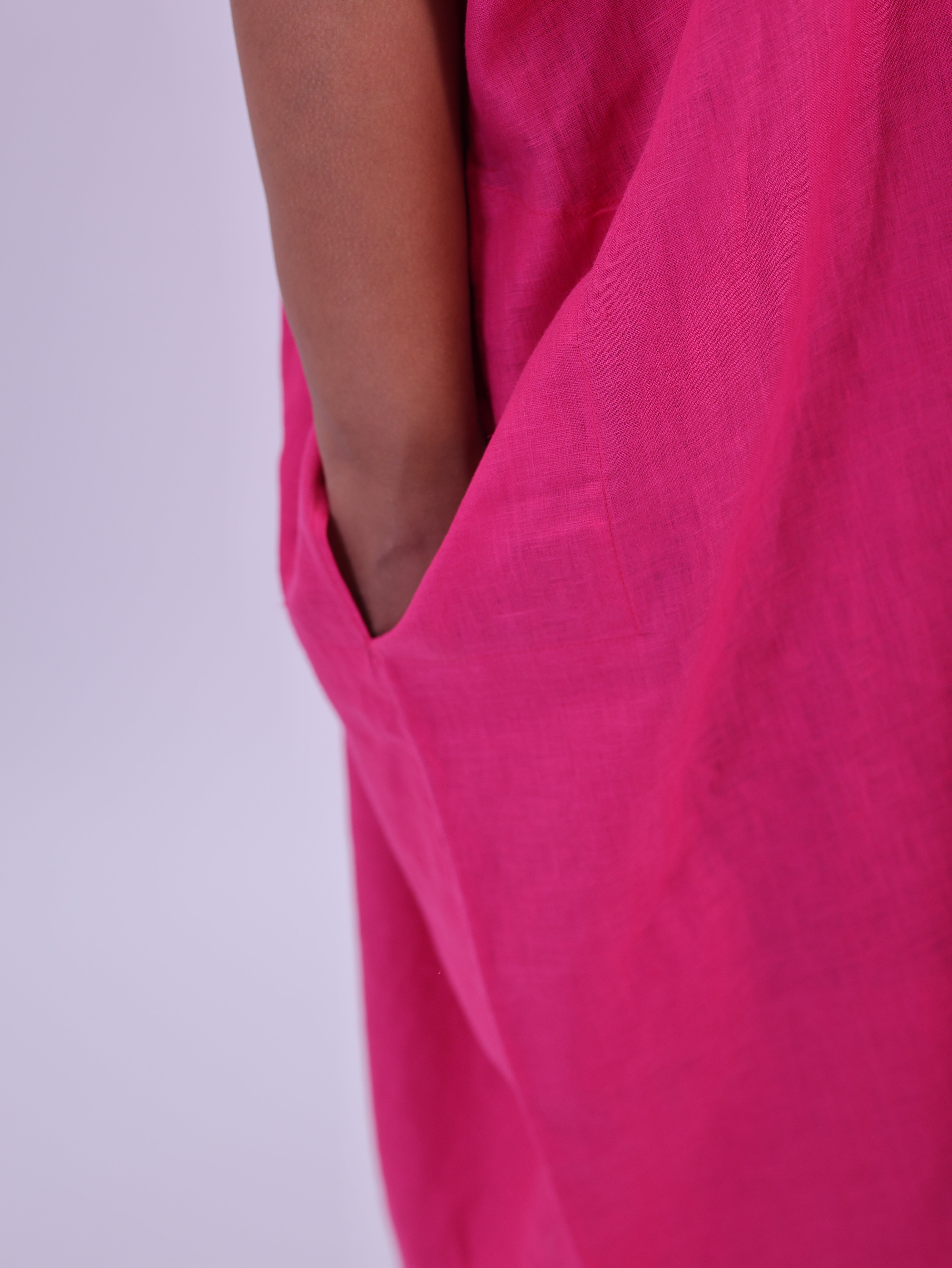 Samah Shirt Style Pure Linen Dress - Hot Pink