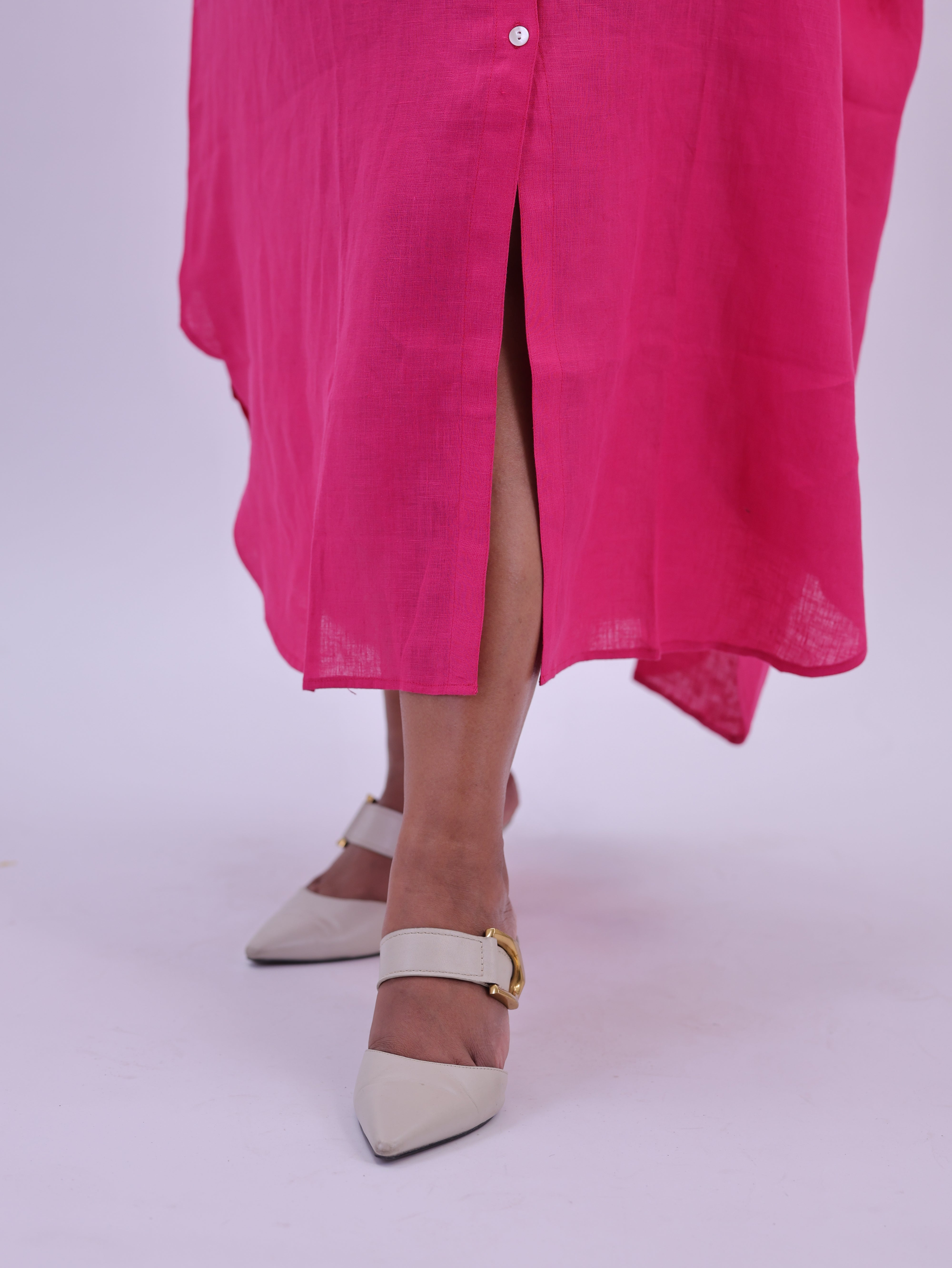 Samah Shirt Style Pure Linen Dress - Hot Pink