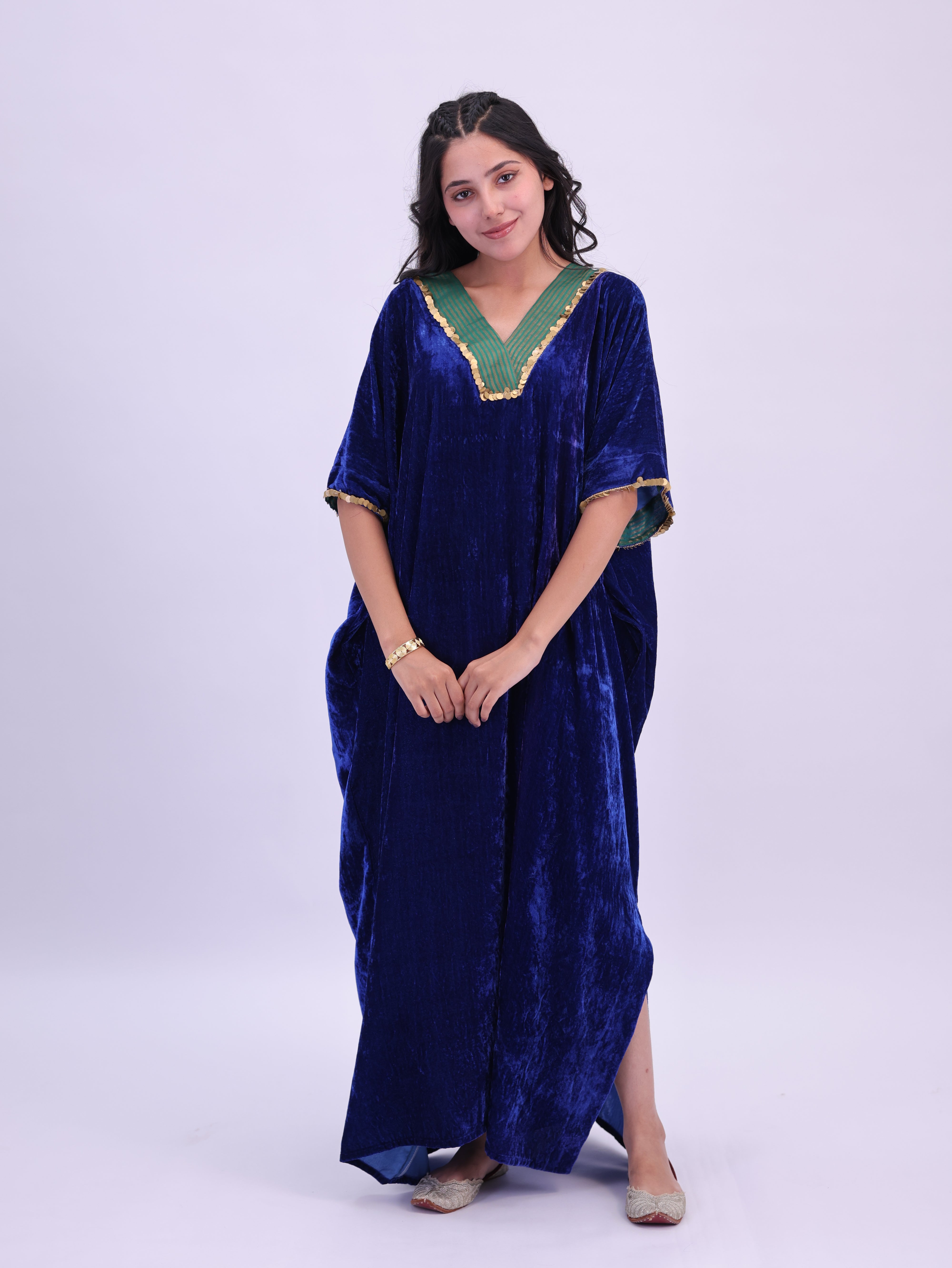 Jashan Pure velvet silk kaftan Peacock blue with Green