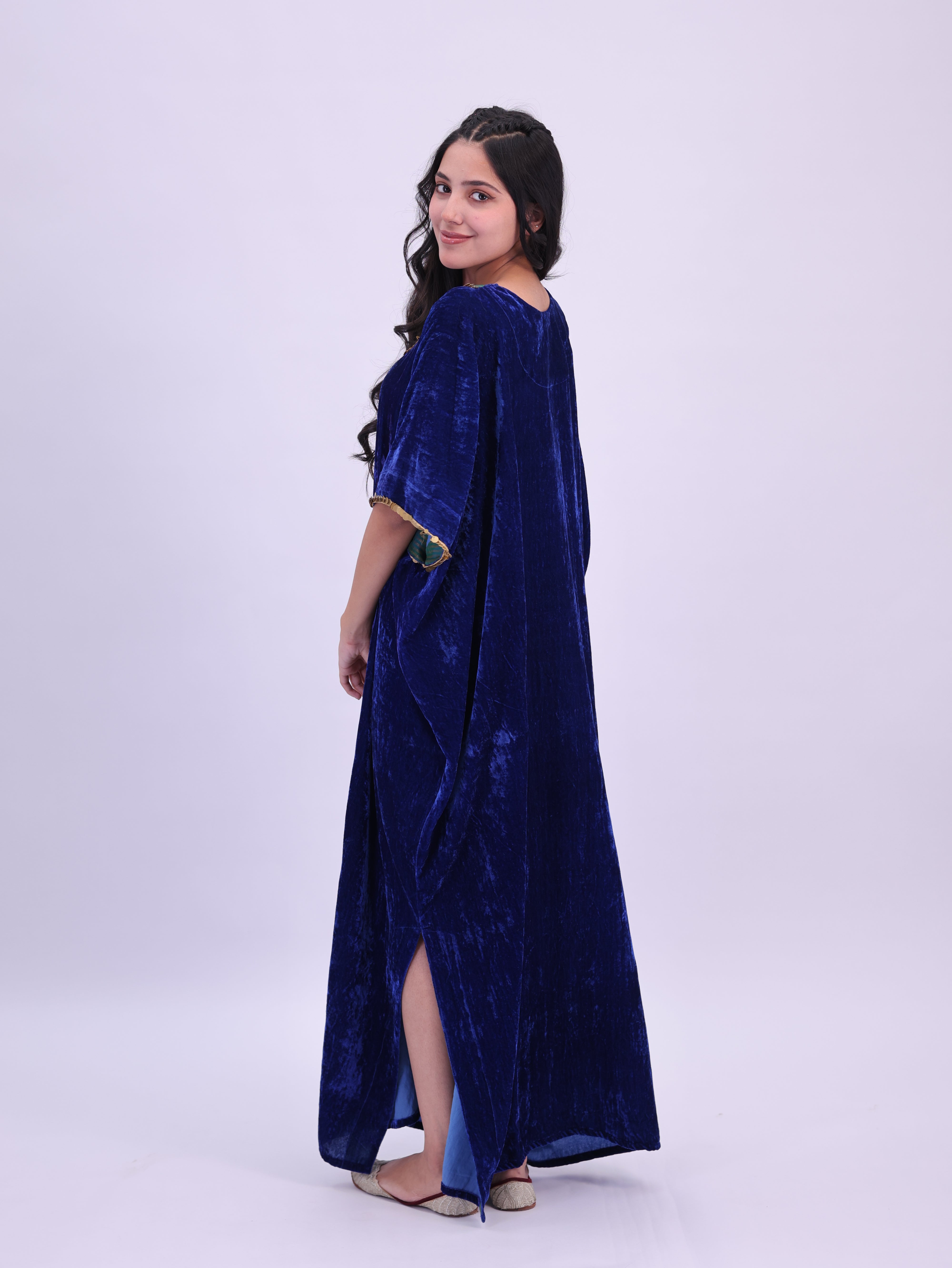 Jashan Pure velvet silk kaftan Peacock blue with Green