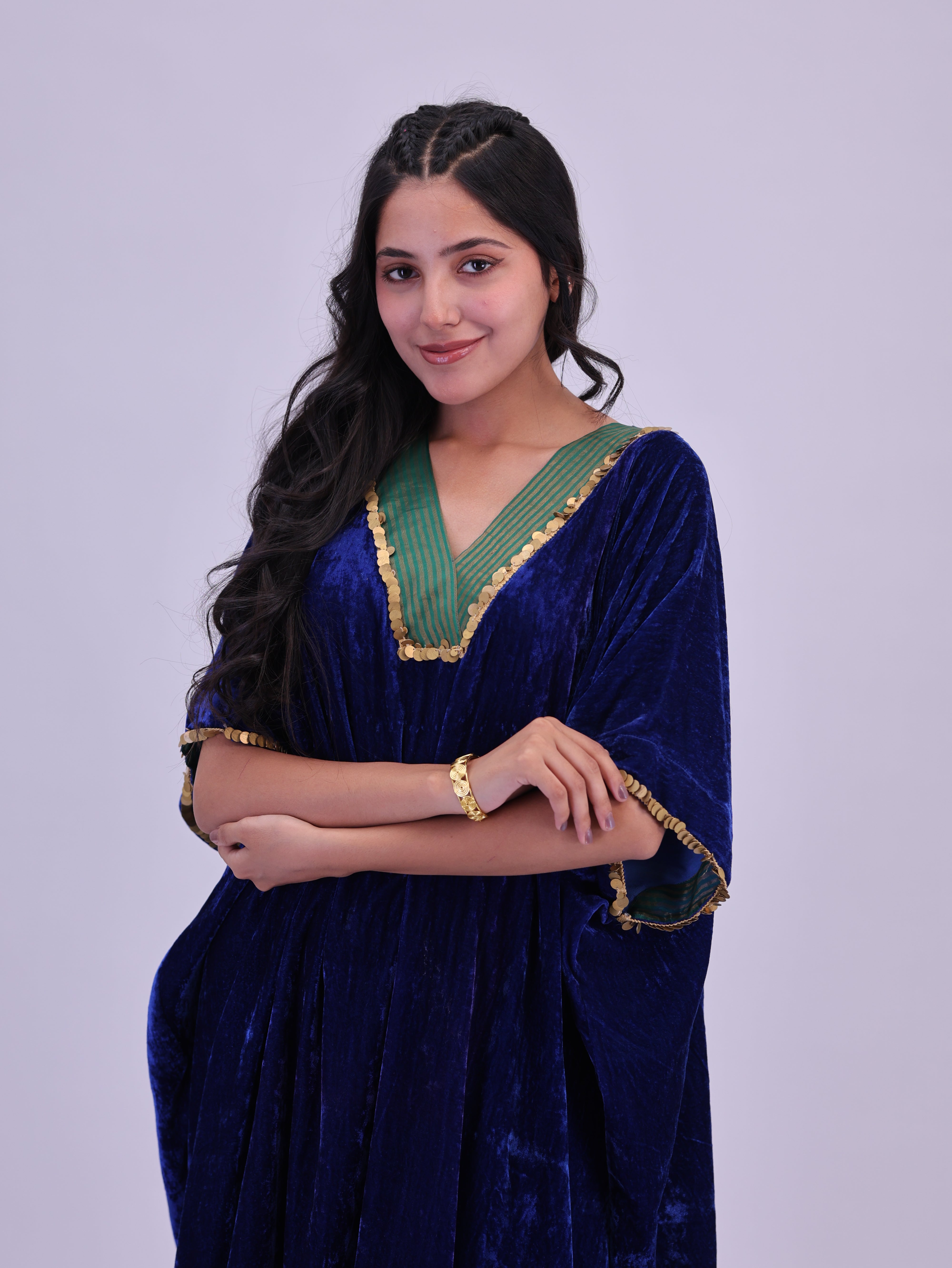 Jashan Pure velvet silk kaftan Peacock blue with Green