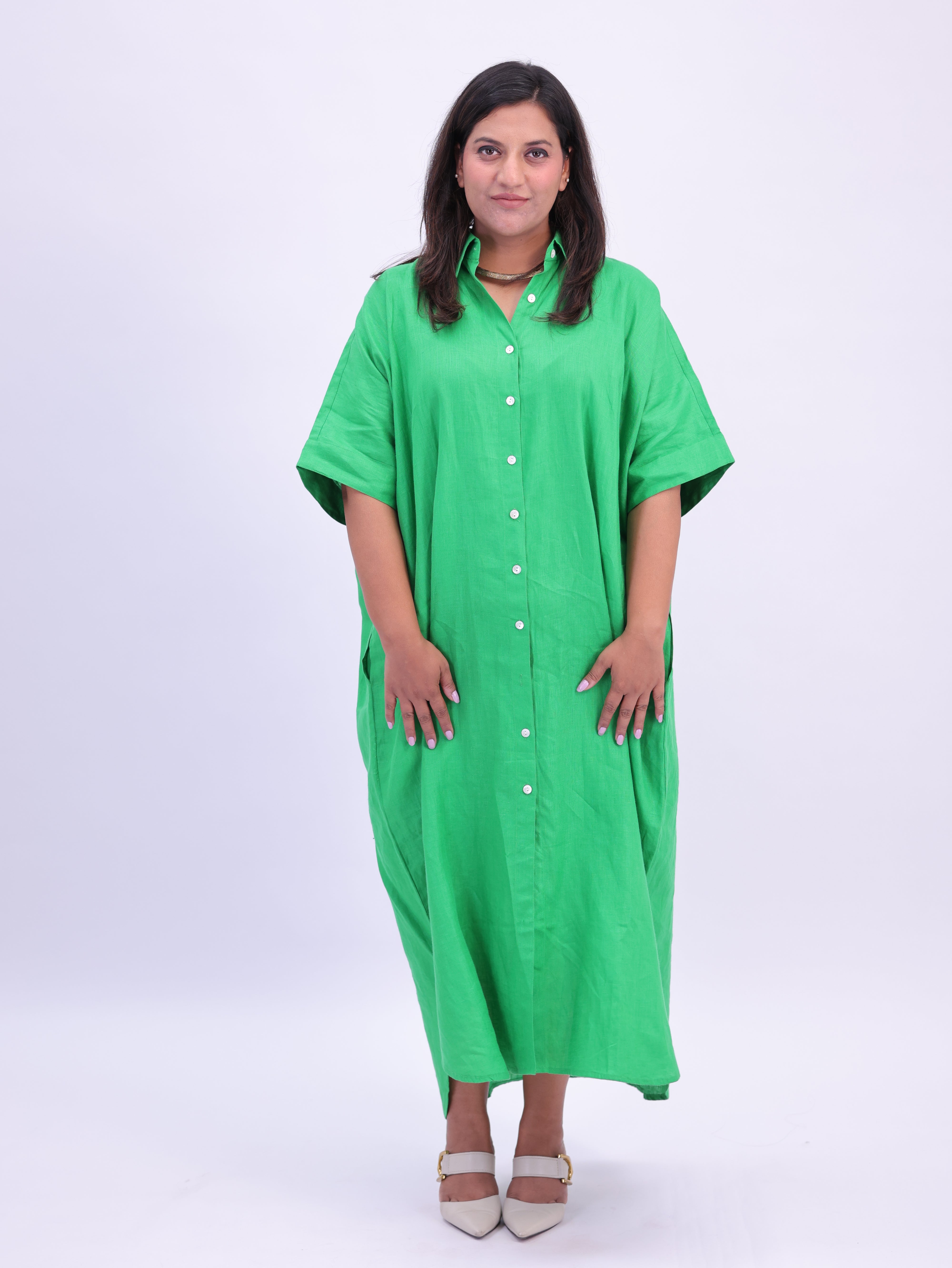 Samah Shirt Style Pure Linen Dress - Green
