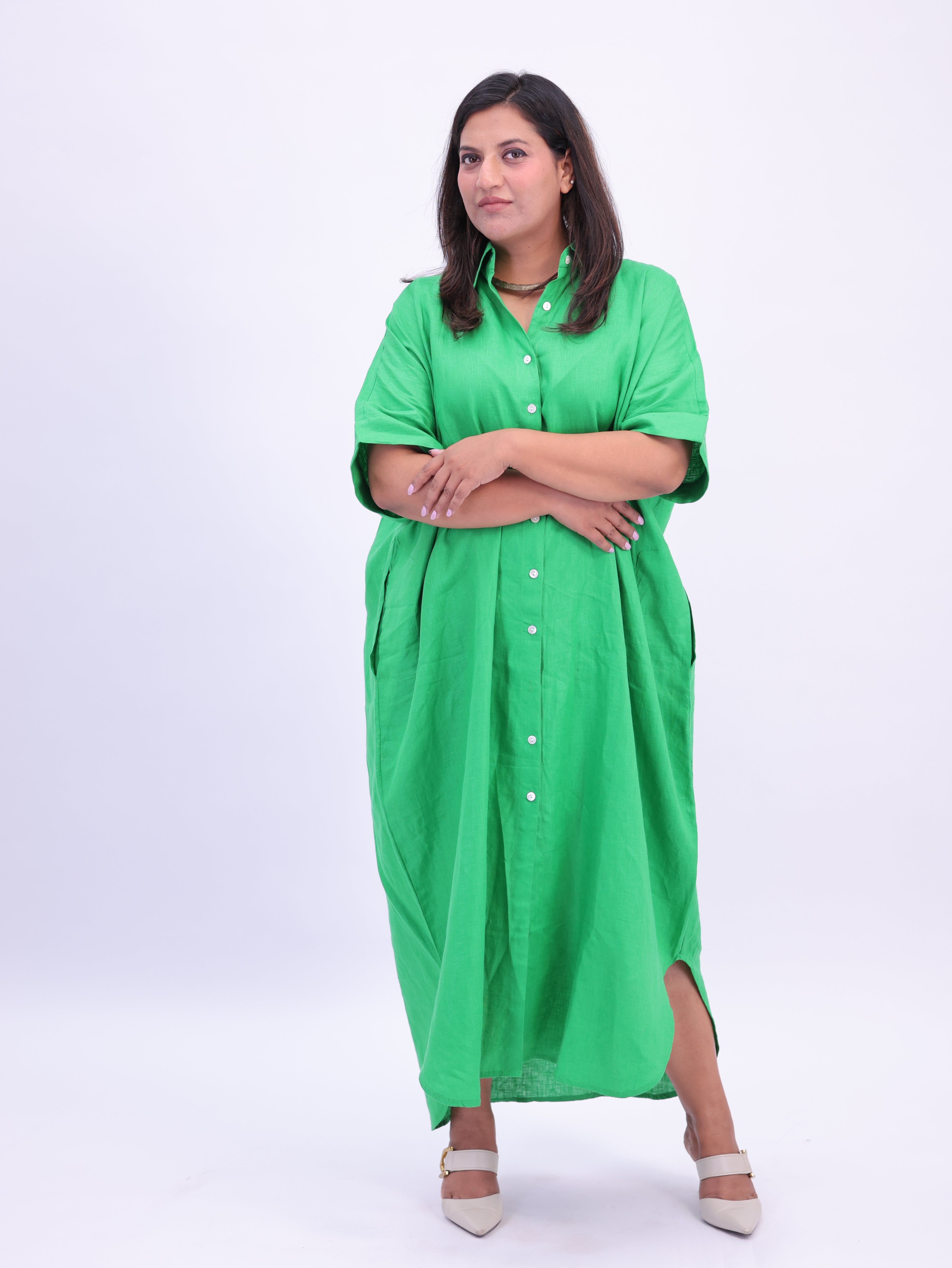 Samah Shirt Style Pure Linen Dress - Green