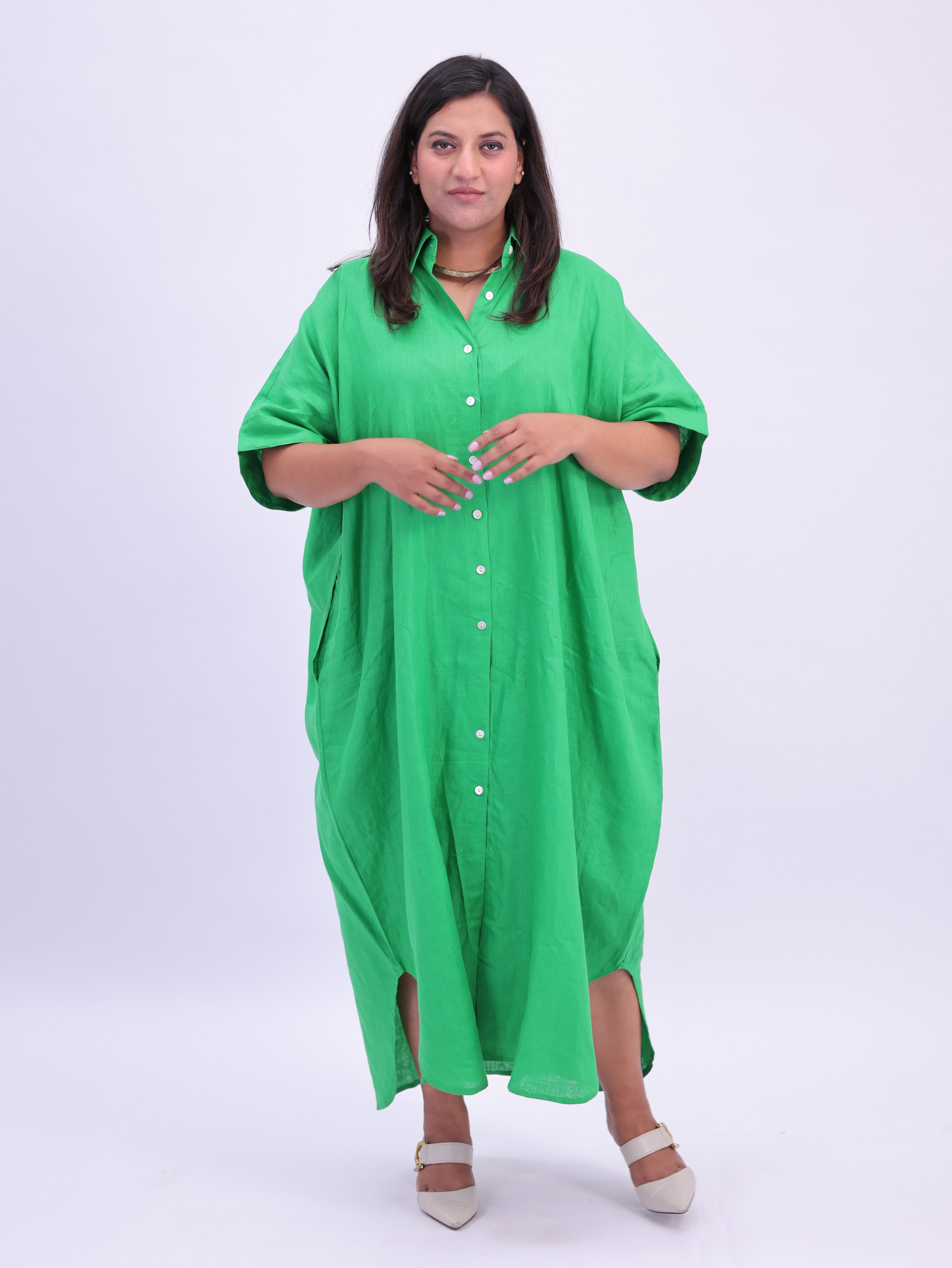 Samah Shirt Style Pure Linen Dress - Green