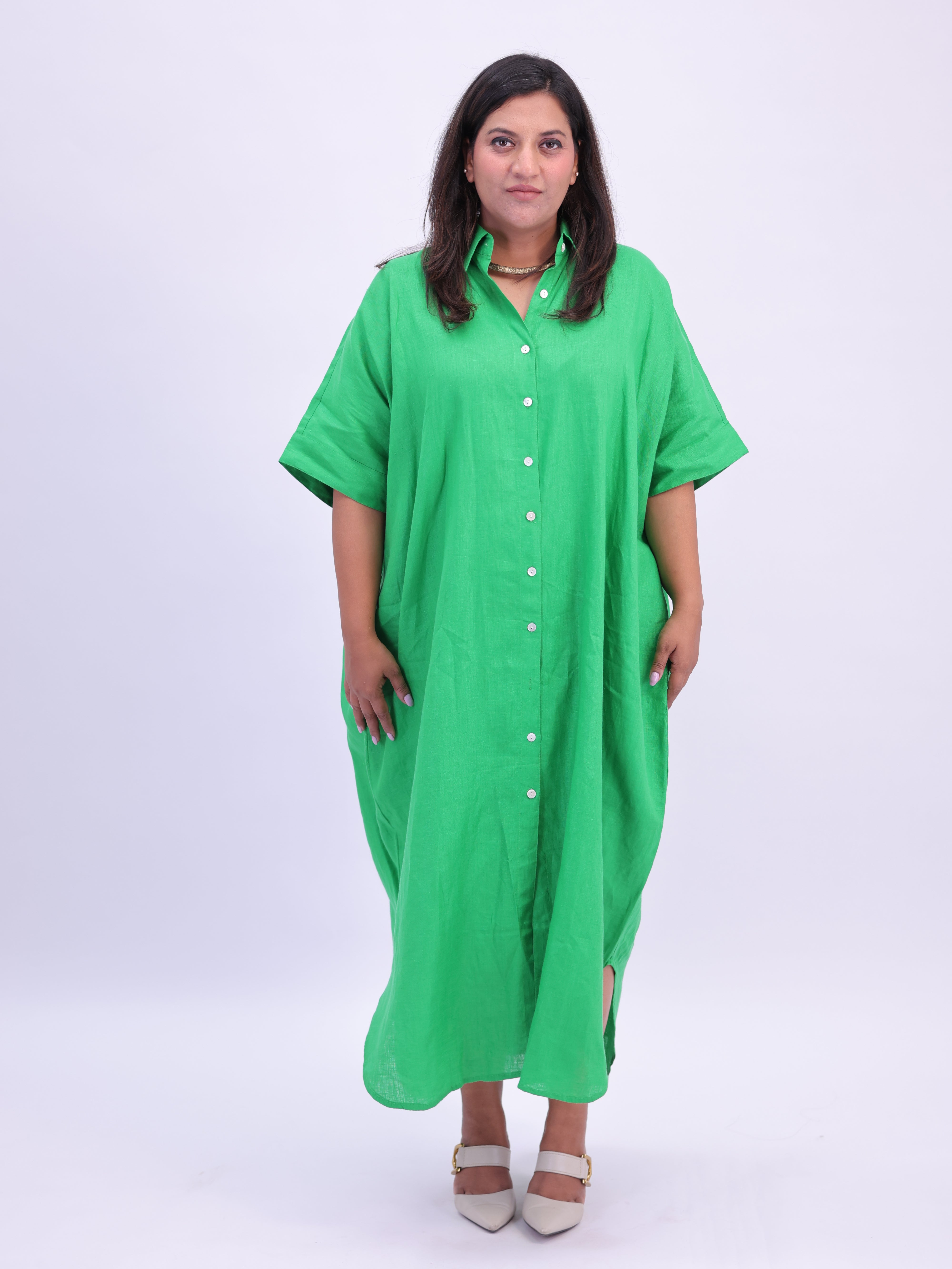 Samah Shirt Style Pure Linen Dress - Green