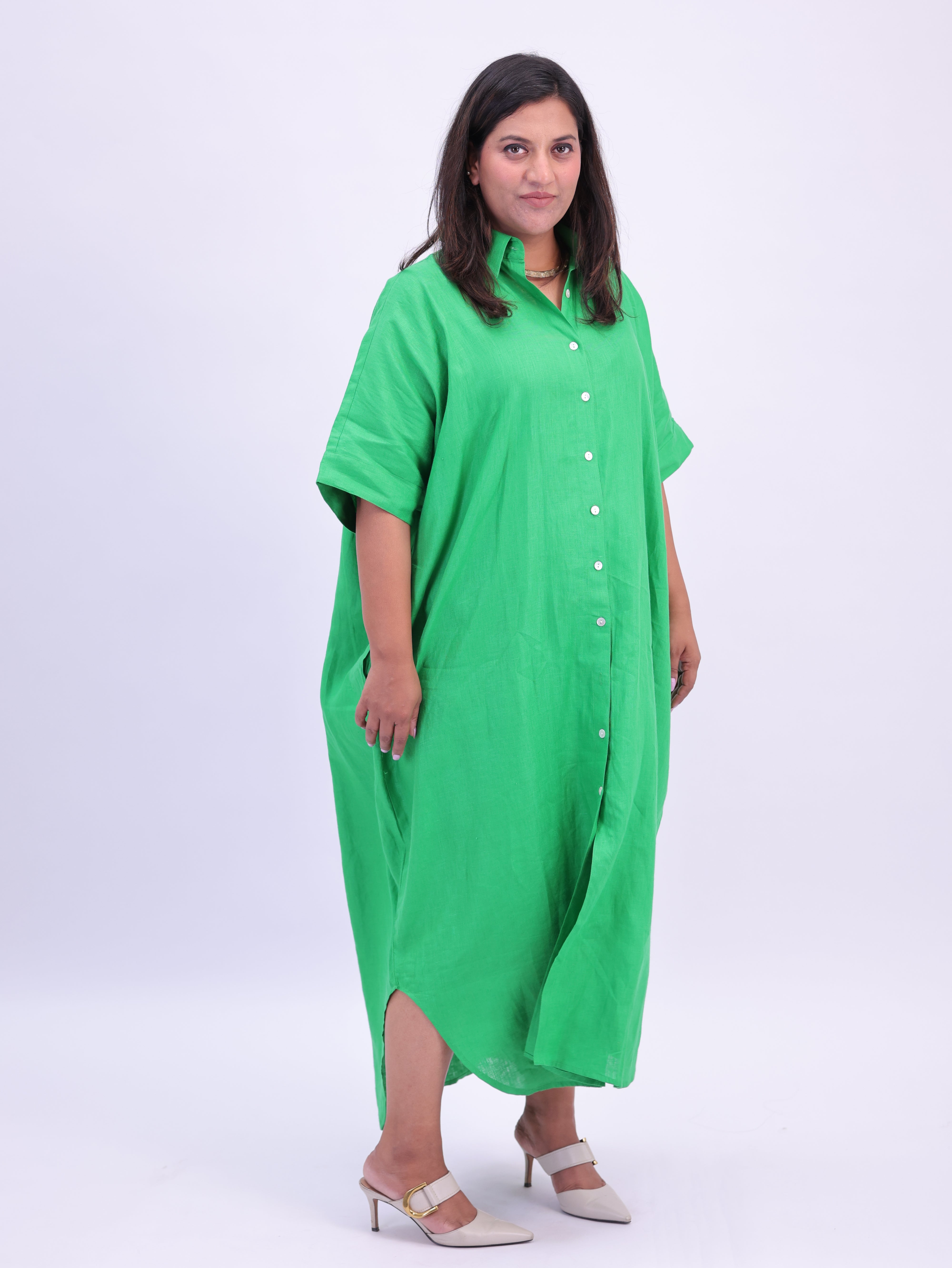 Samah Shirt Style Pure Linen Dress - Green