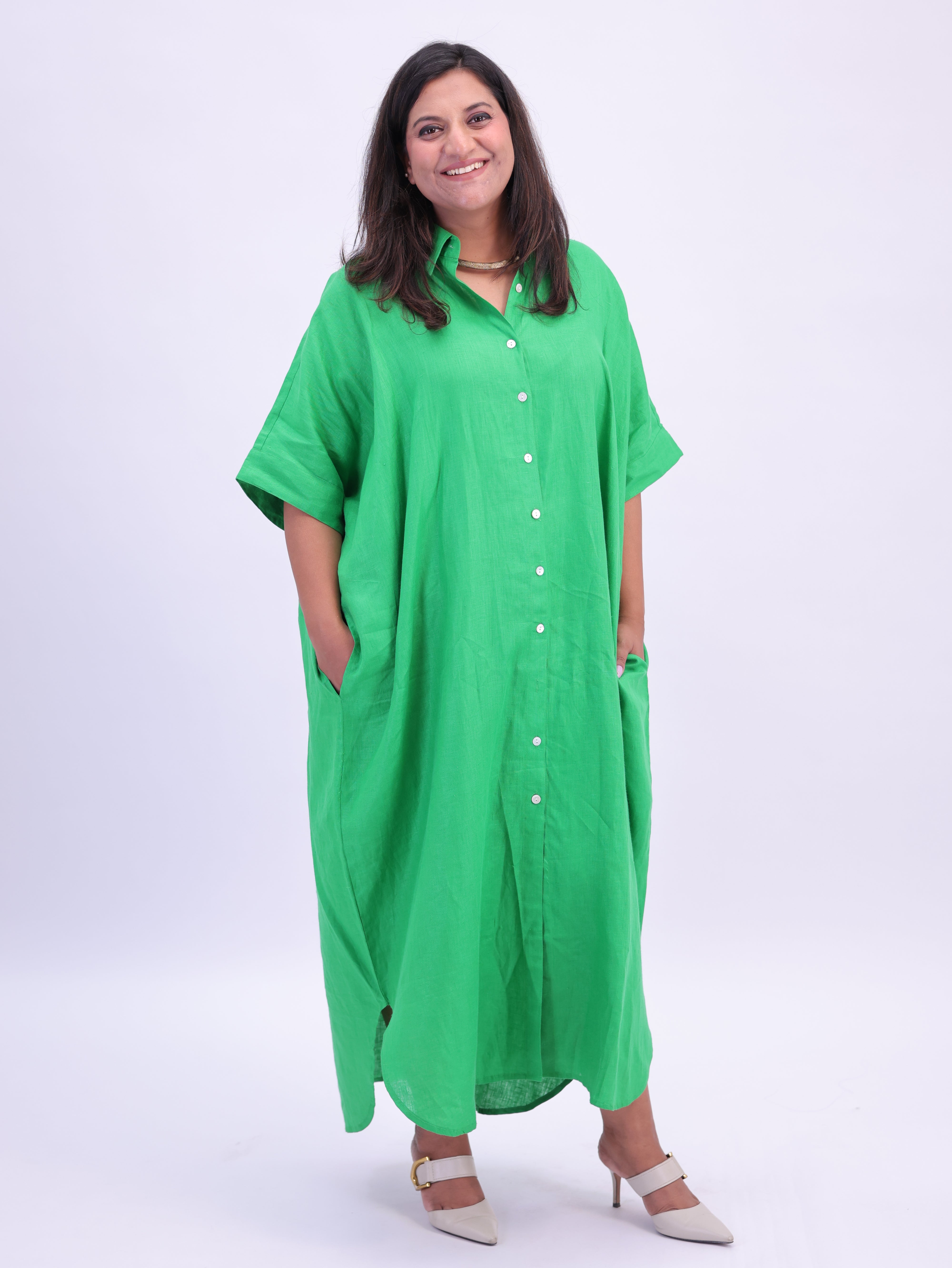 Samah Shirt Style Pure Linen Dress - Green
