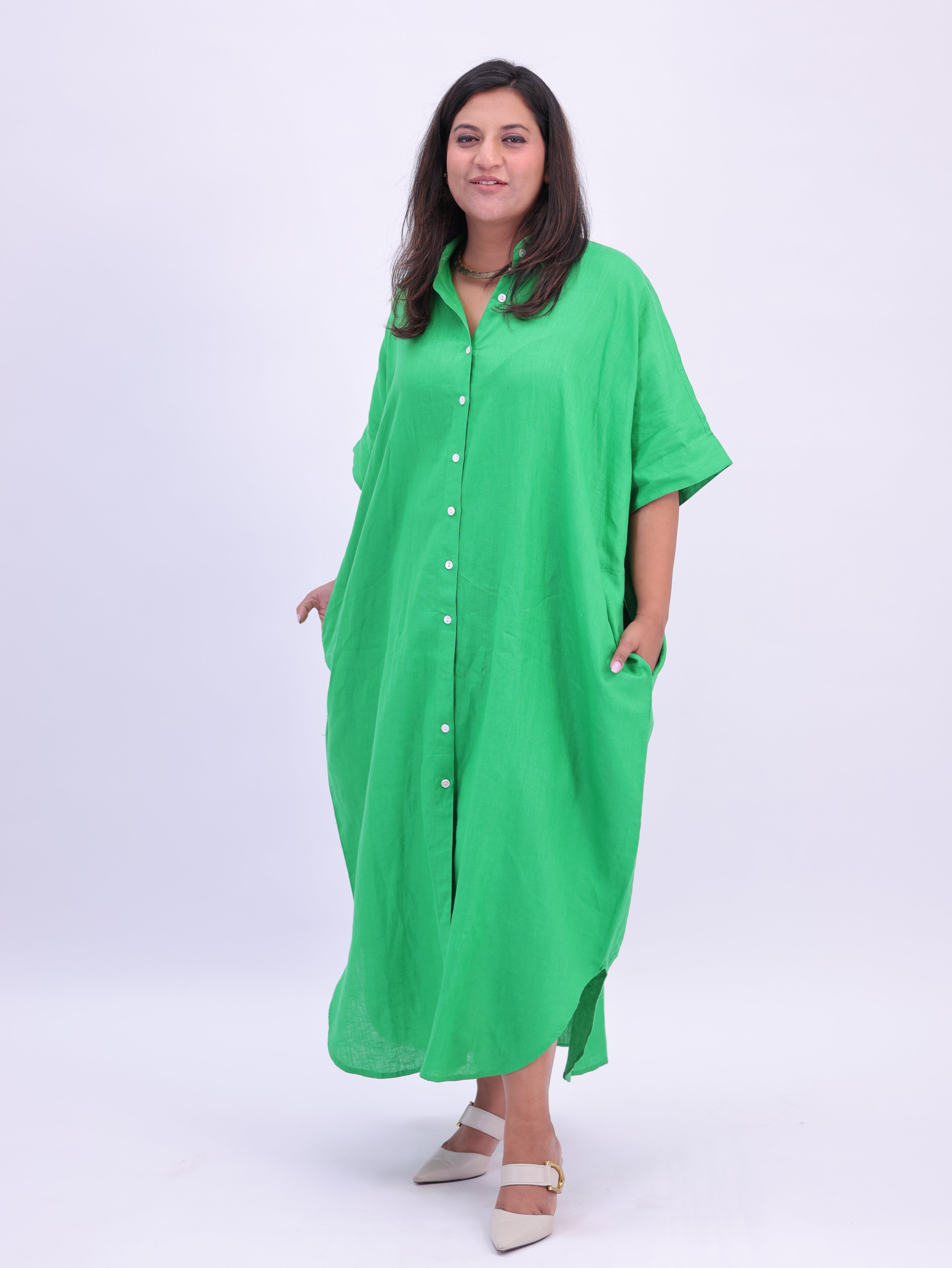 Samah Shirt Style Pure Linen Dress - Green