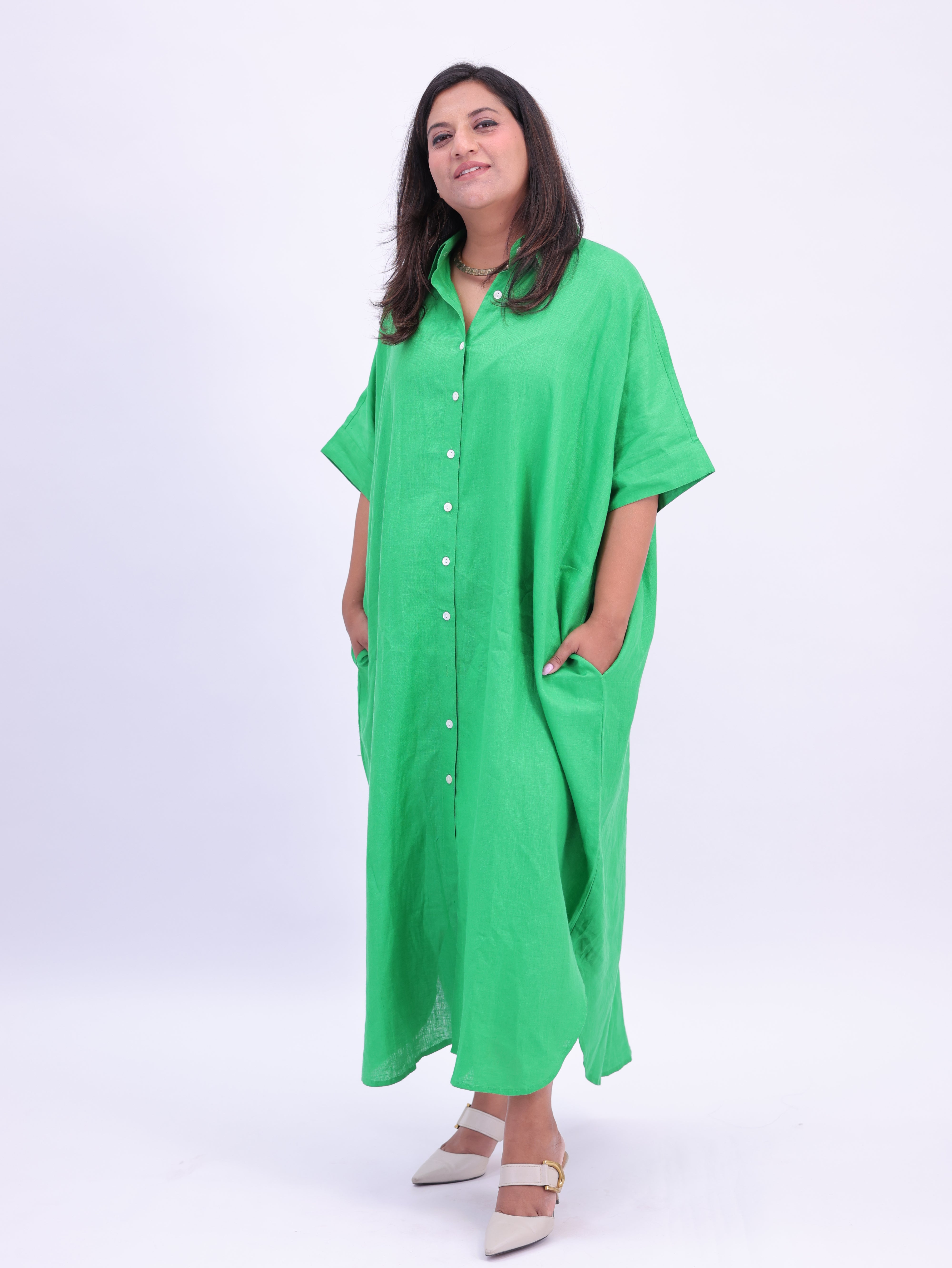 Samah Shirt Style Pure Linen Dress - Green