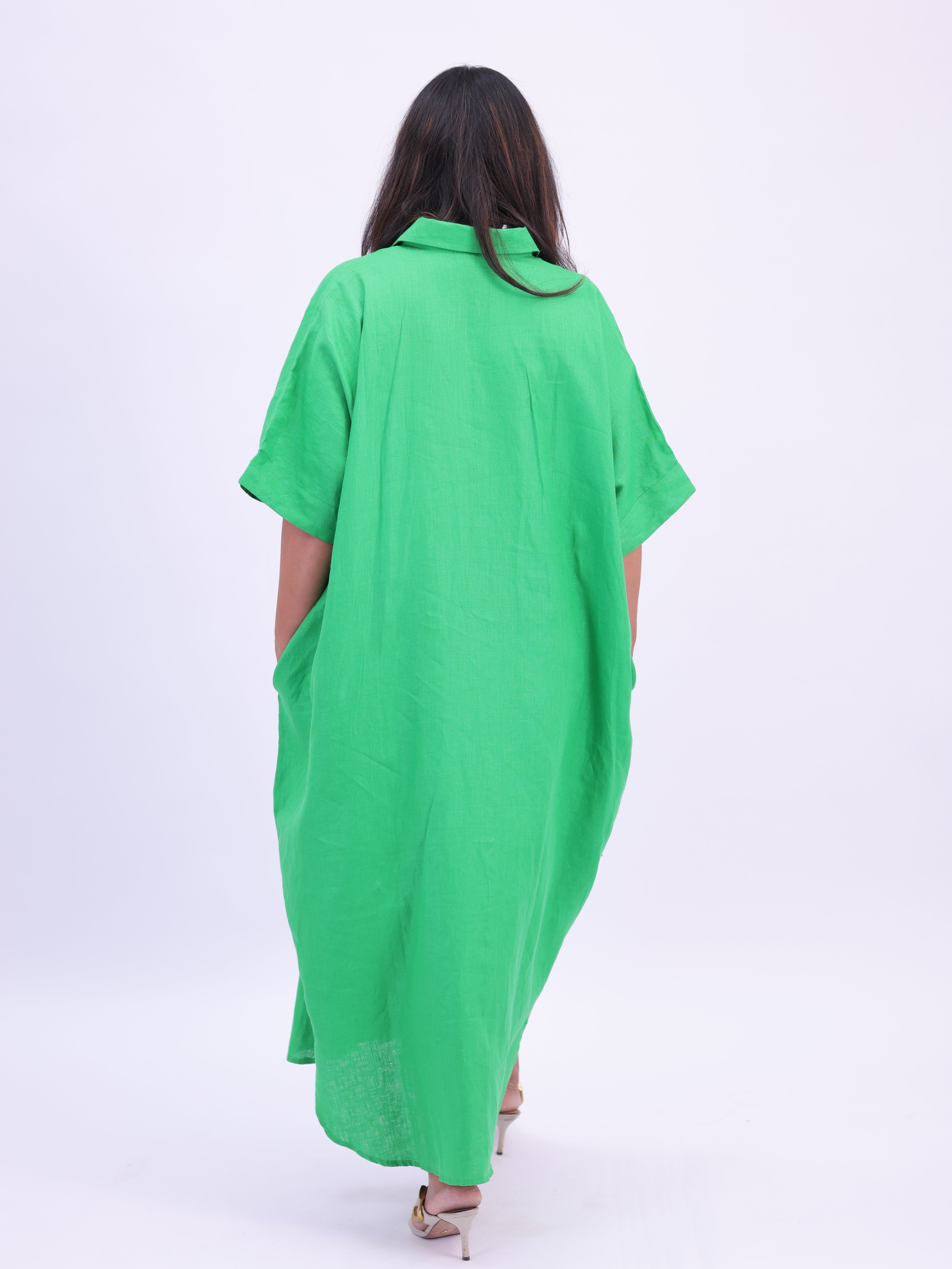Samah Shirt Style Pure Linen Dress - Green