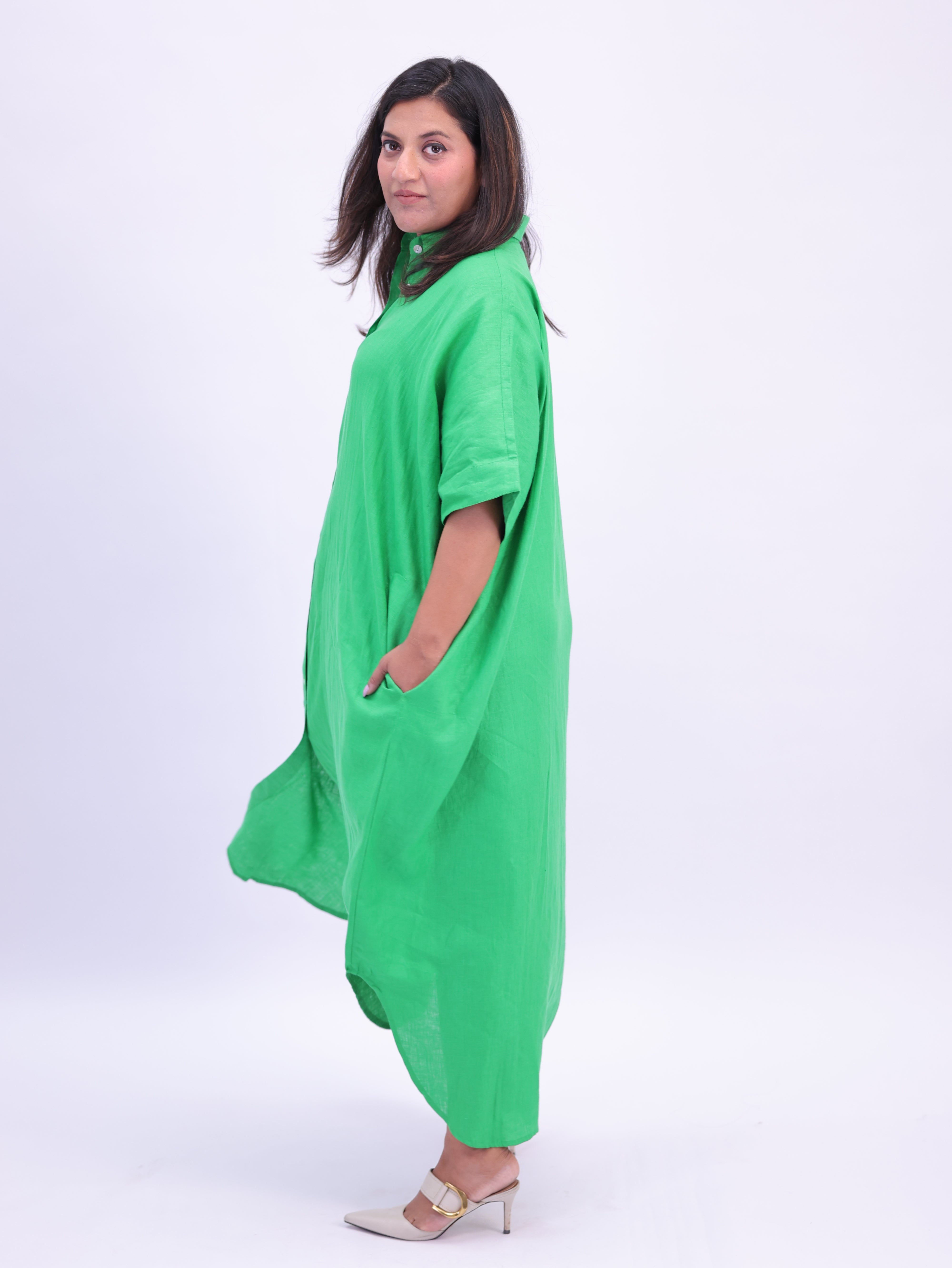 Samah Shirt Style Pure Linen Dress - Green