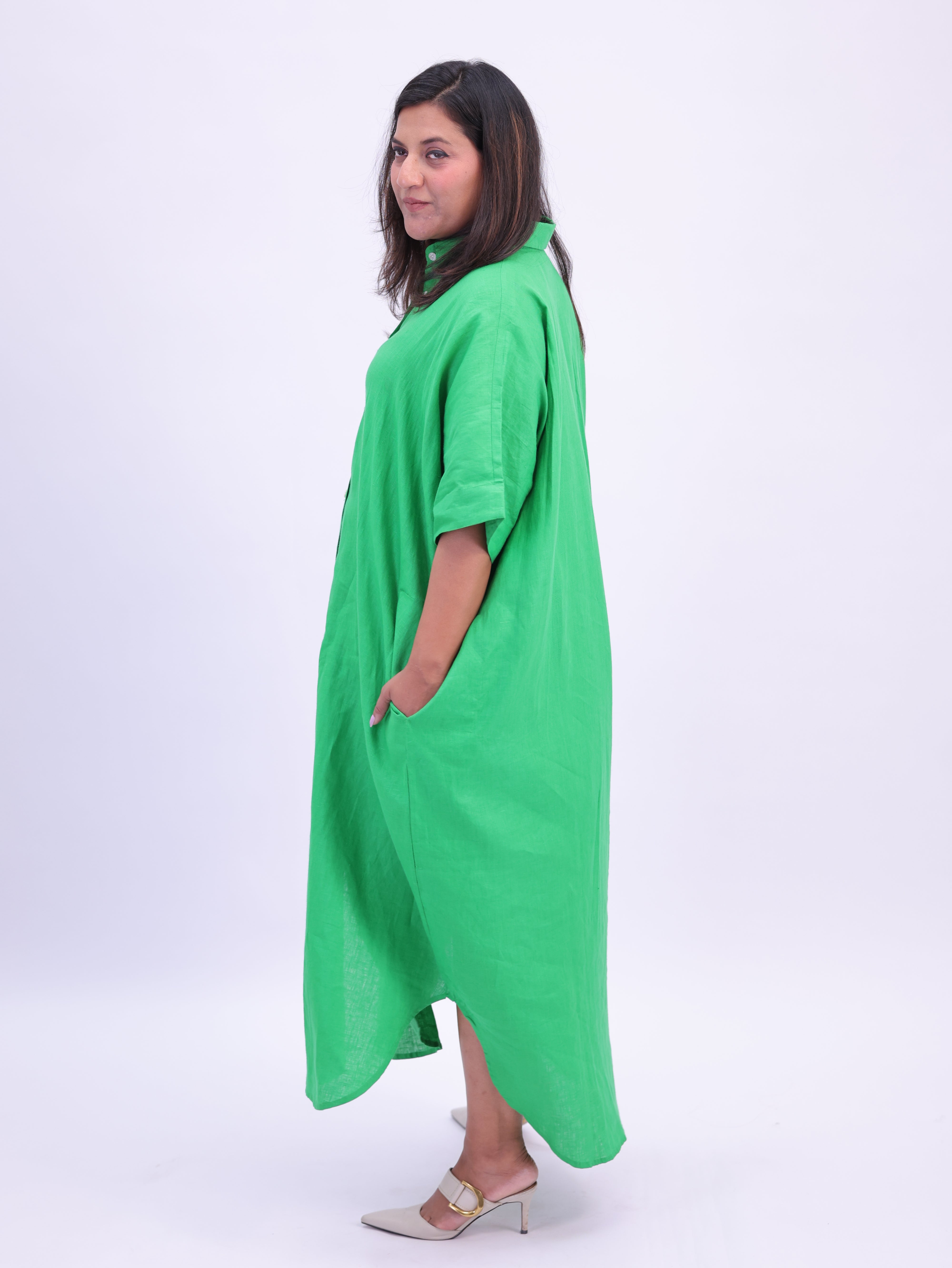 Samah Shirt Style Pure Linen Dress - Green