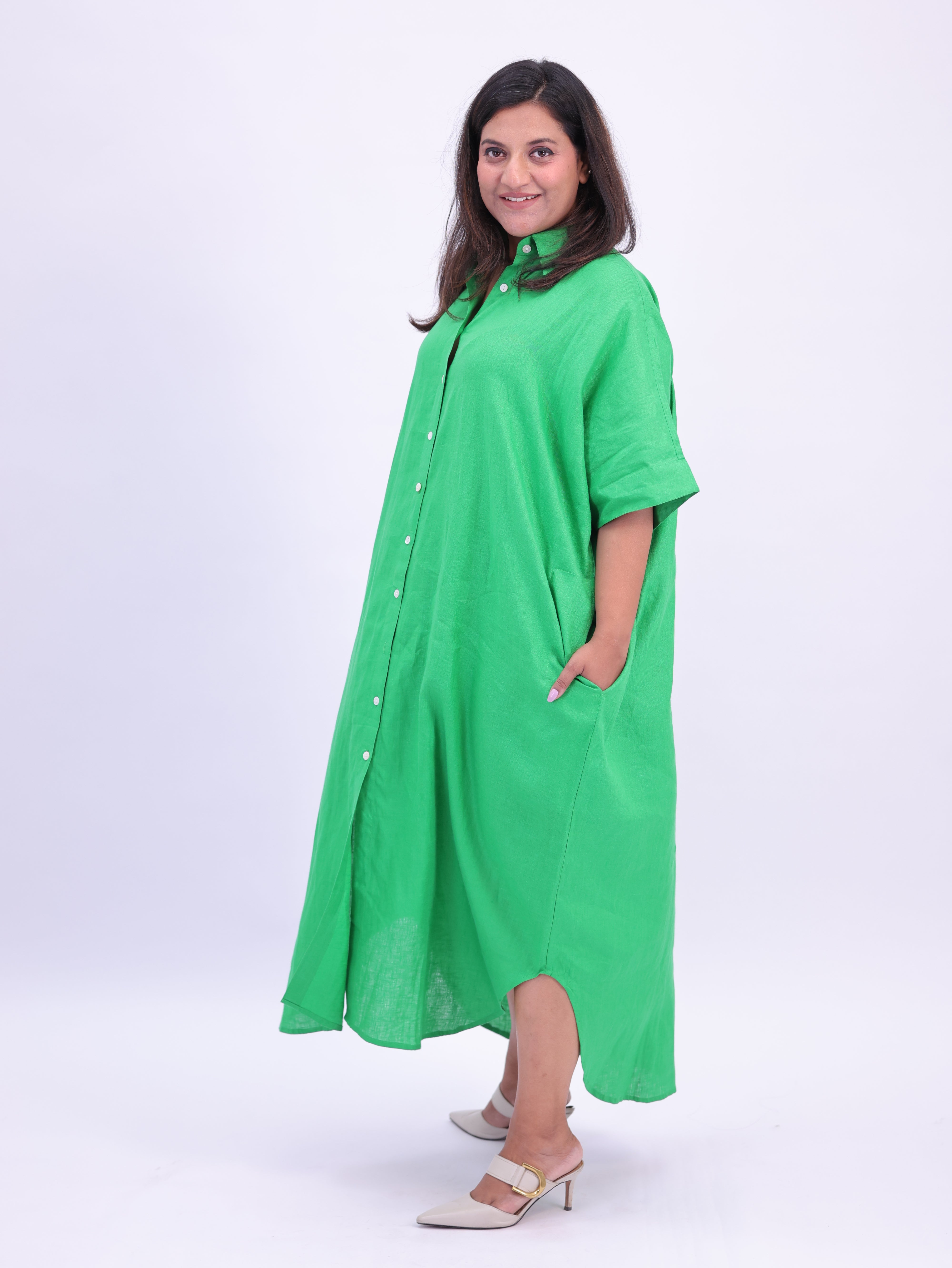 Samah Shirt Style Pure Linen Dress - Green