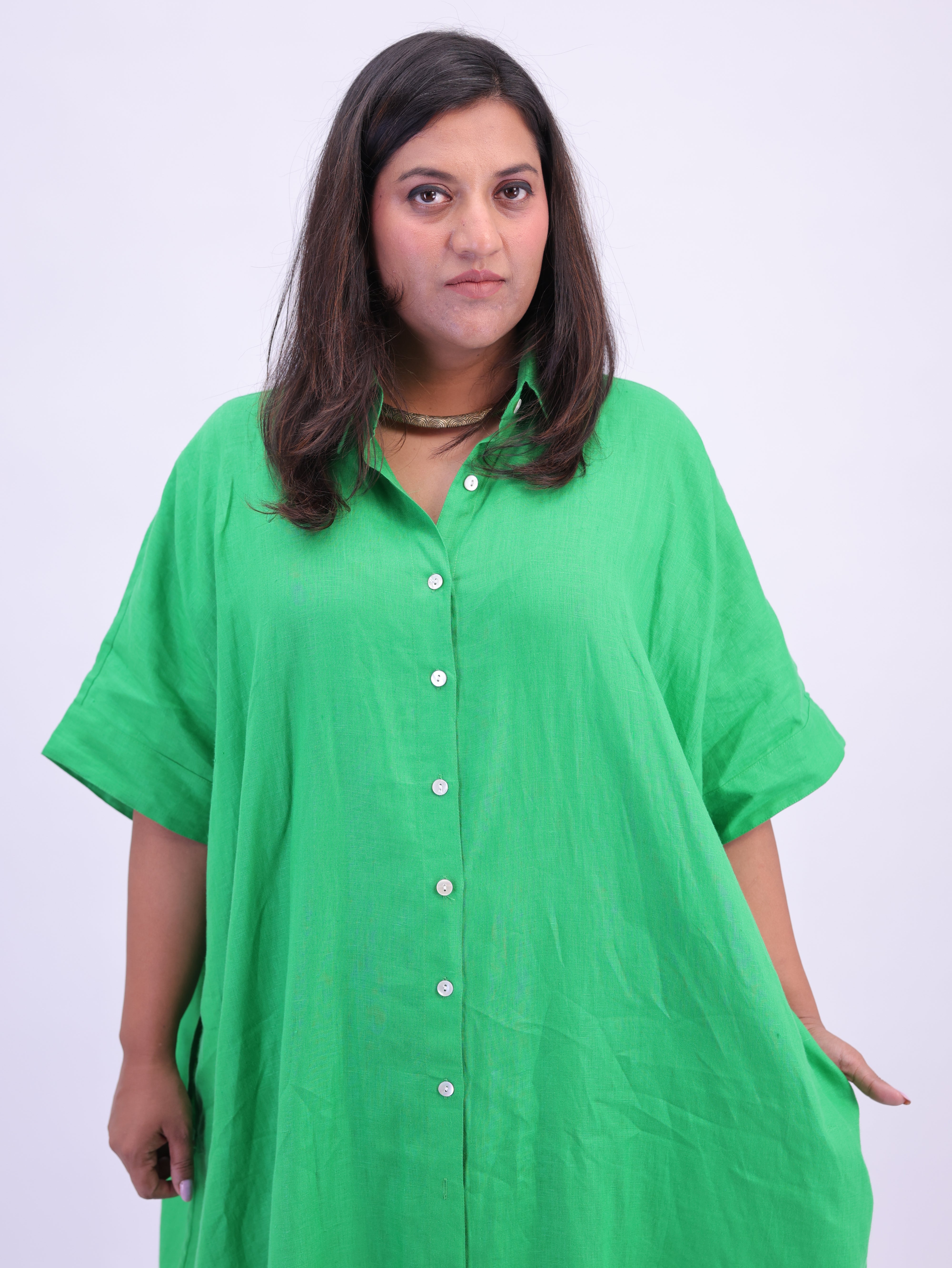 Samah Shirt Style Pure Linen Dress - Green