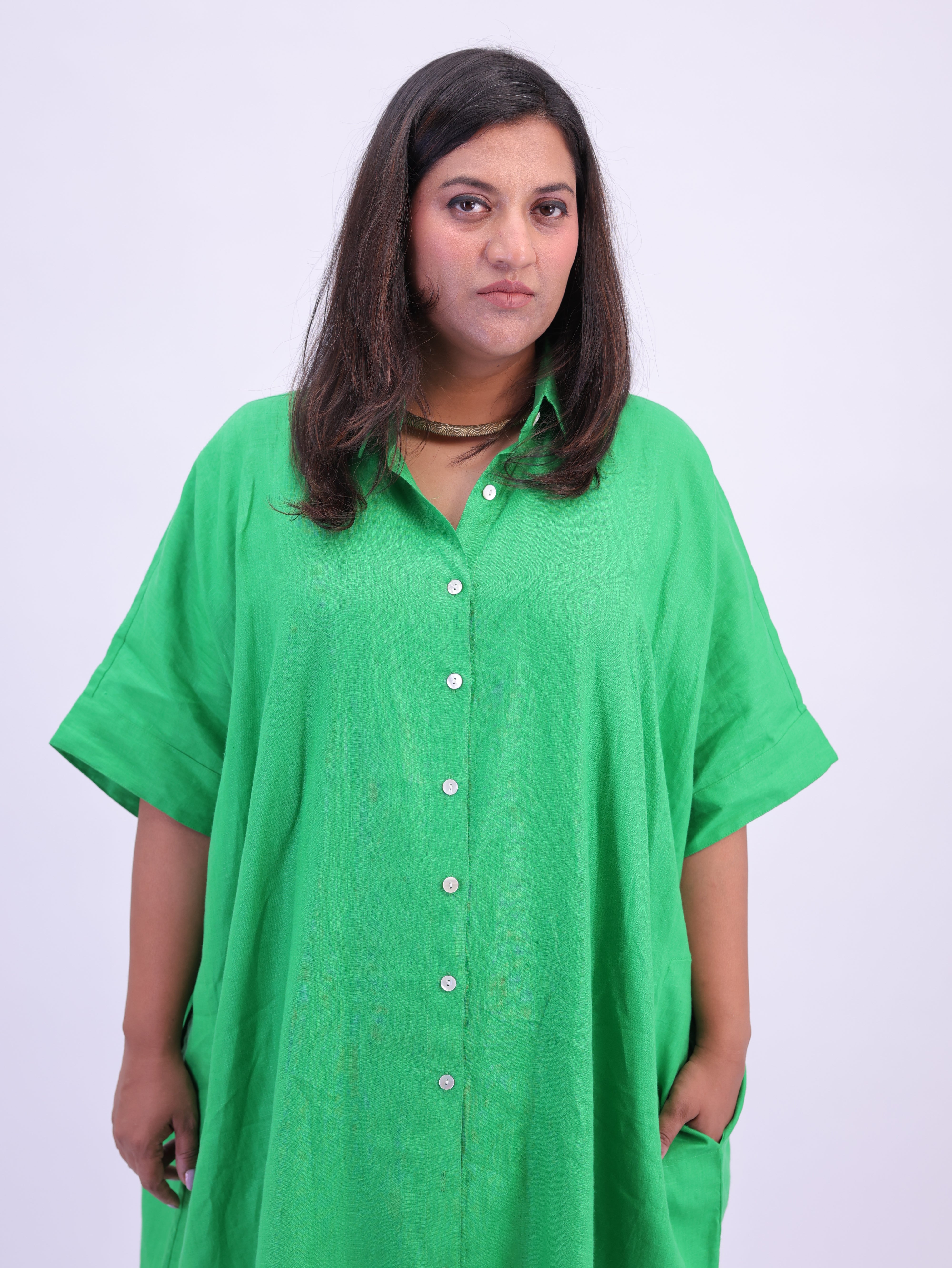 Samah Shirt Style Pure Linen Dress - Green