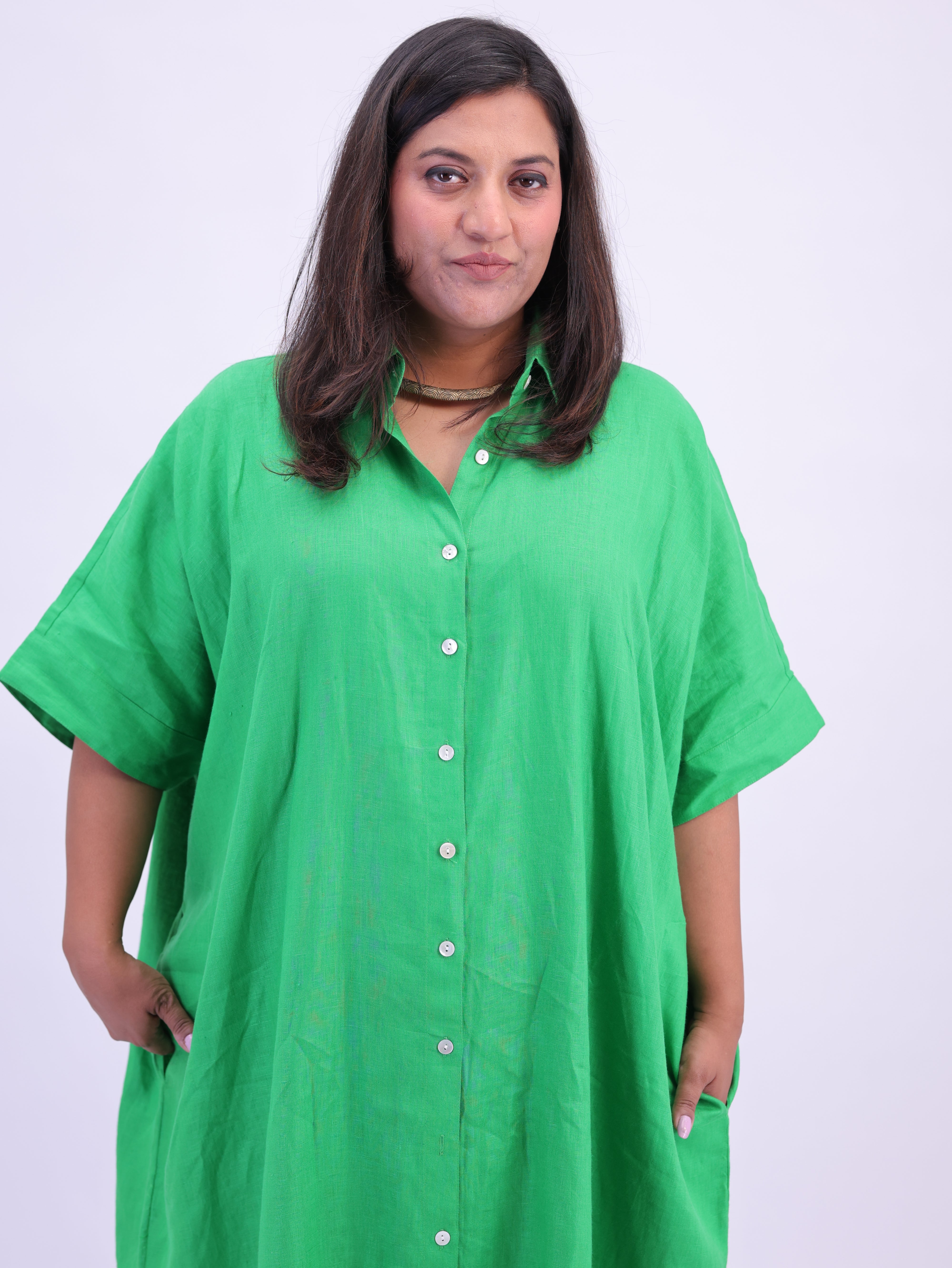 Samah Shirt Style Pure Linen Dress - Green