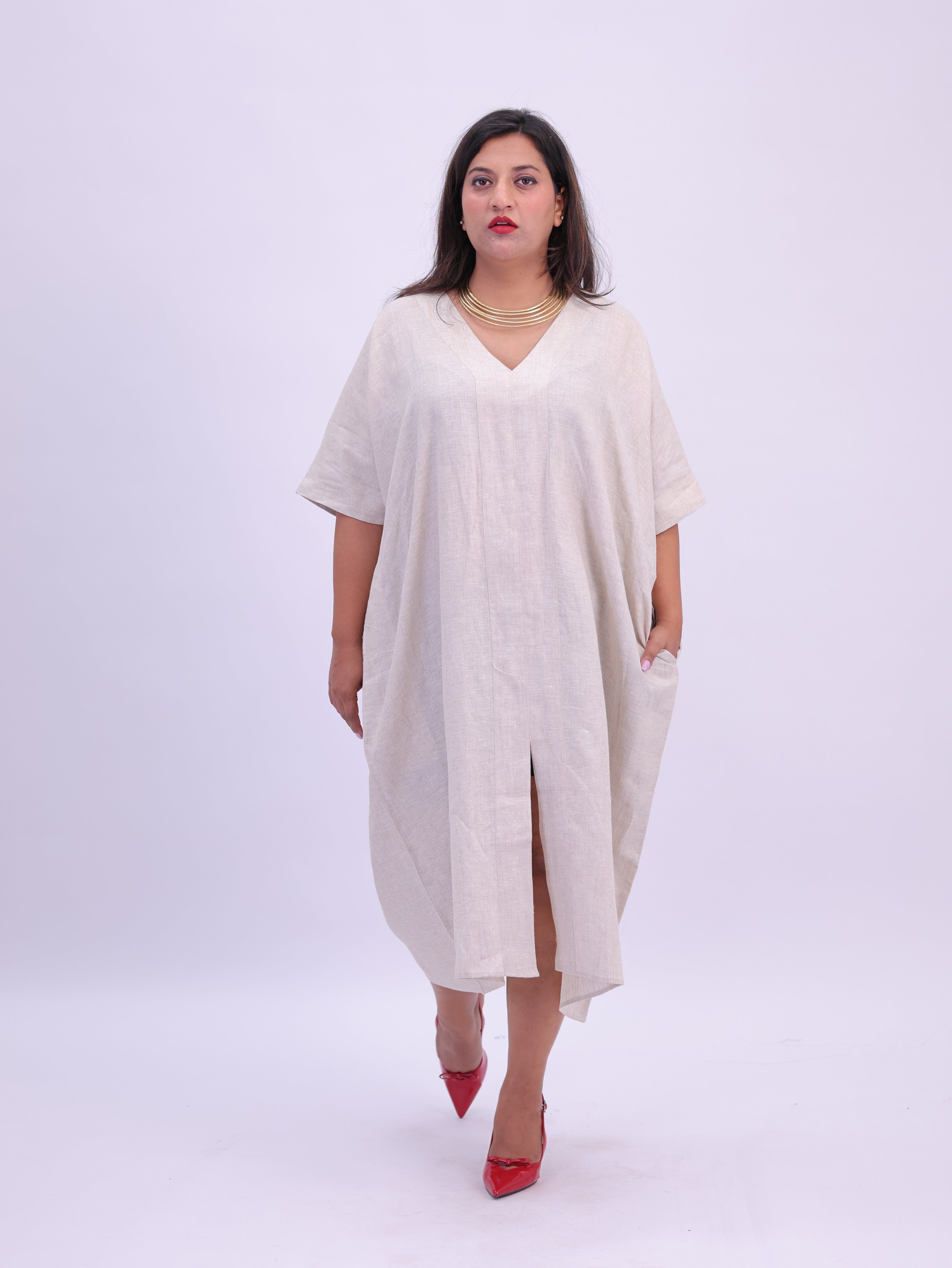 Saba Pure Linen Kaftan Dress - Natural Beige