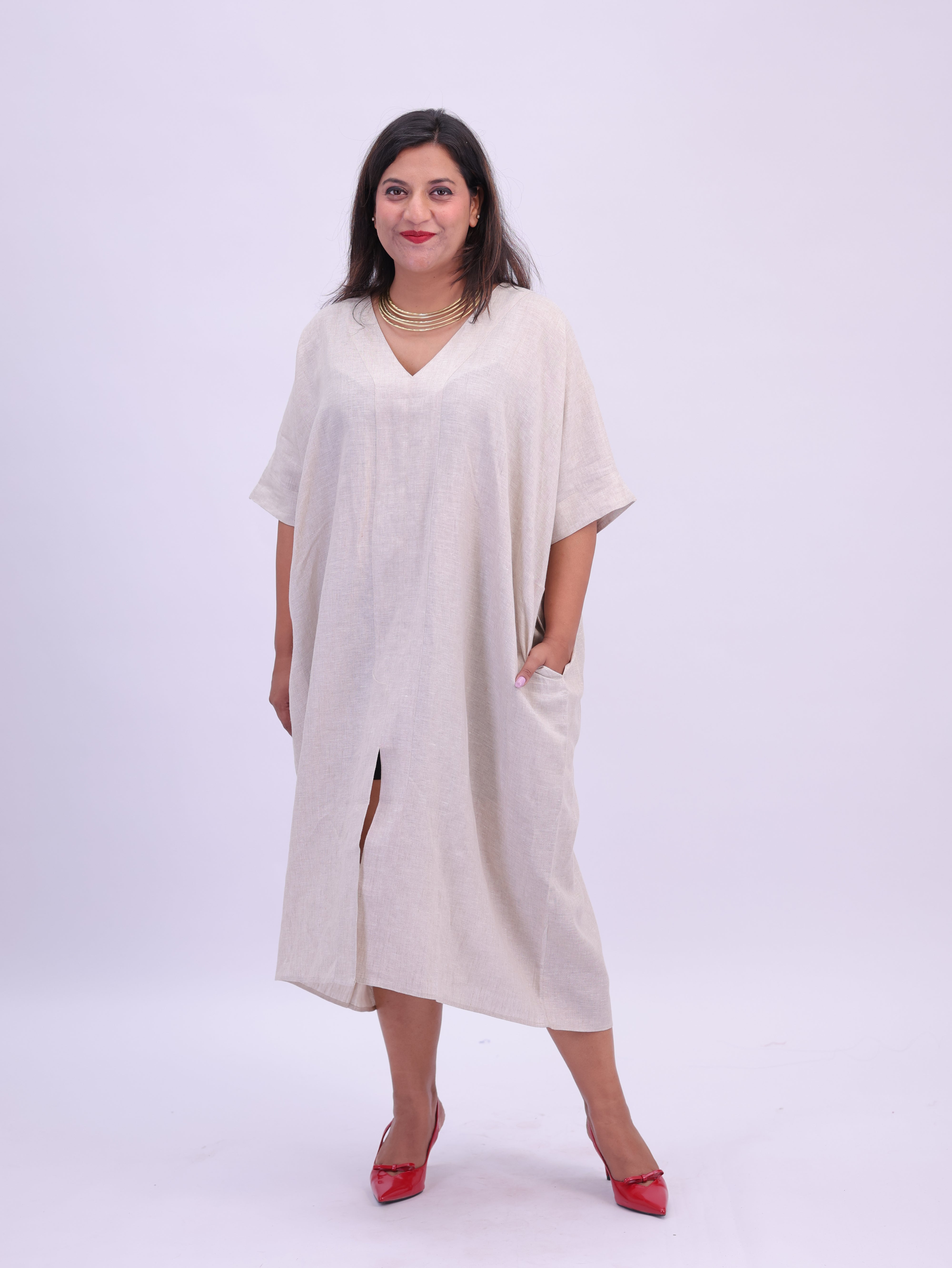 Saba Pure Linen Kaftan Dress - Natural Beige