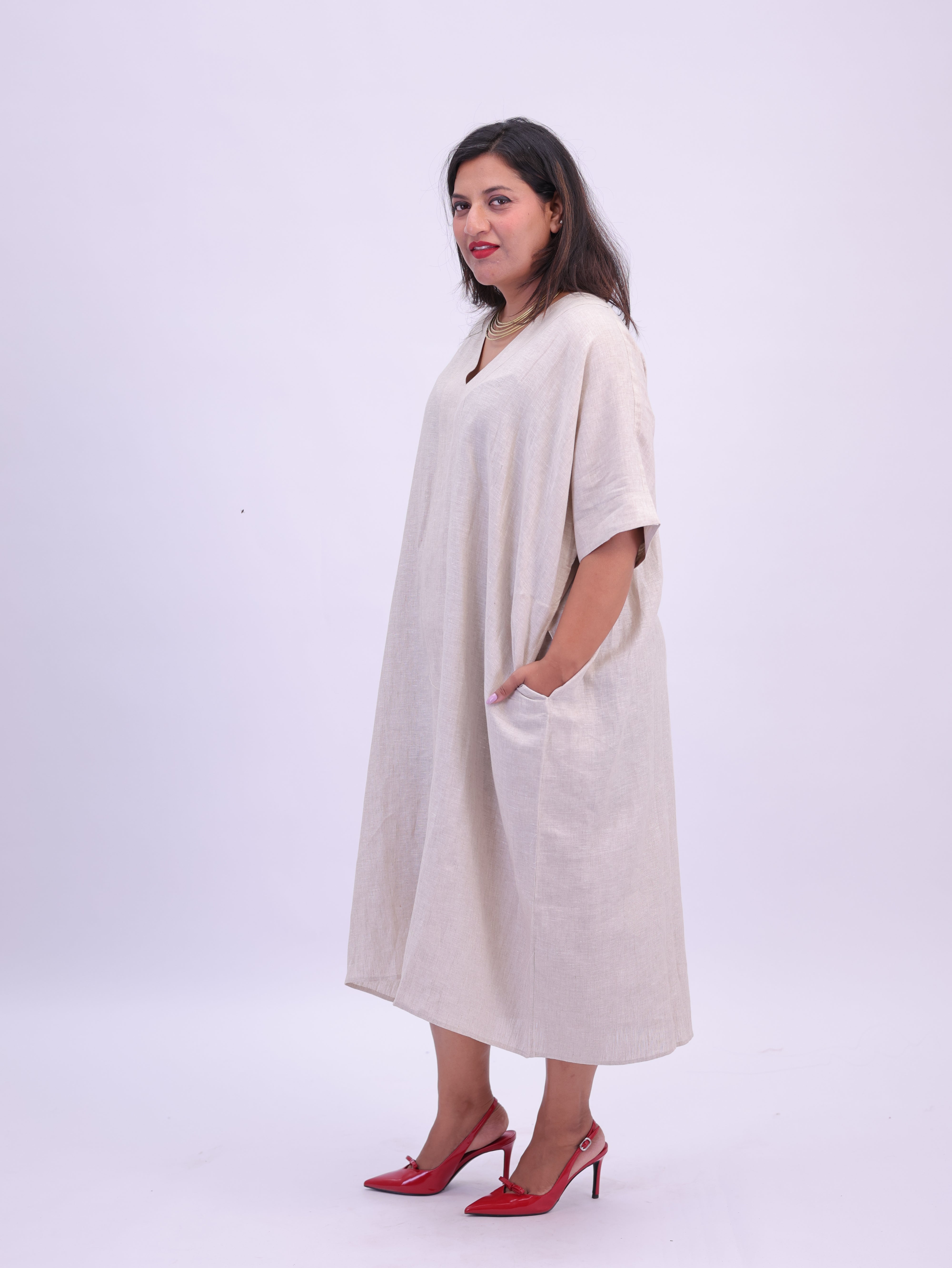 Saba Pure Linen Kaftan Dress - Natural Beige