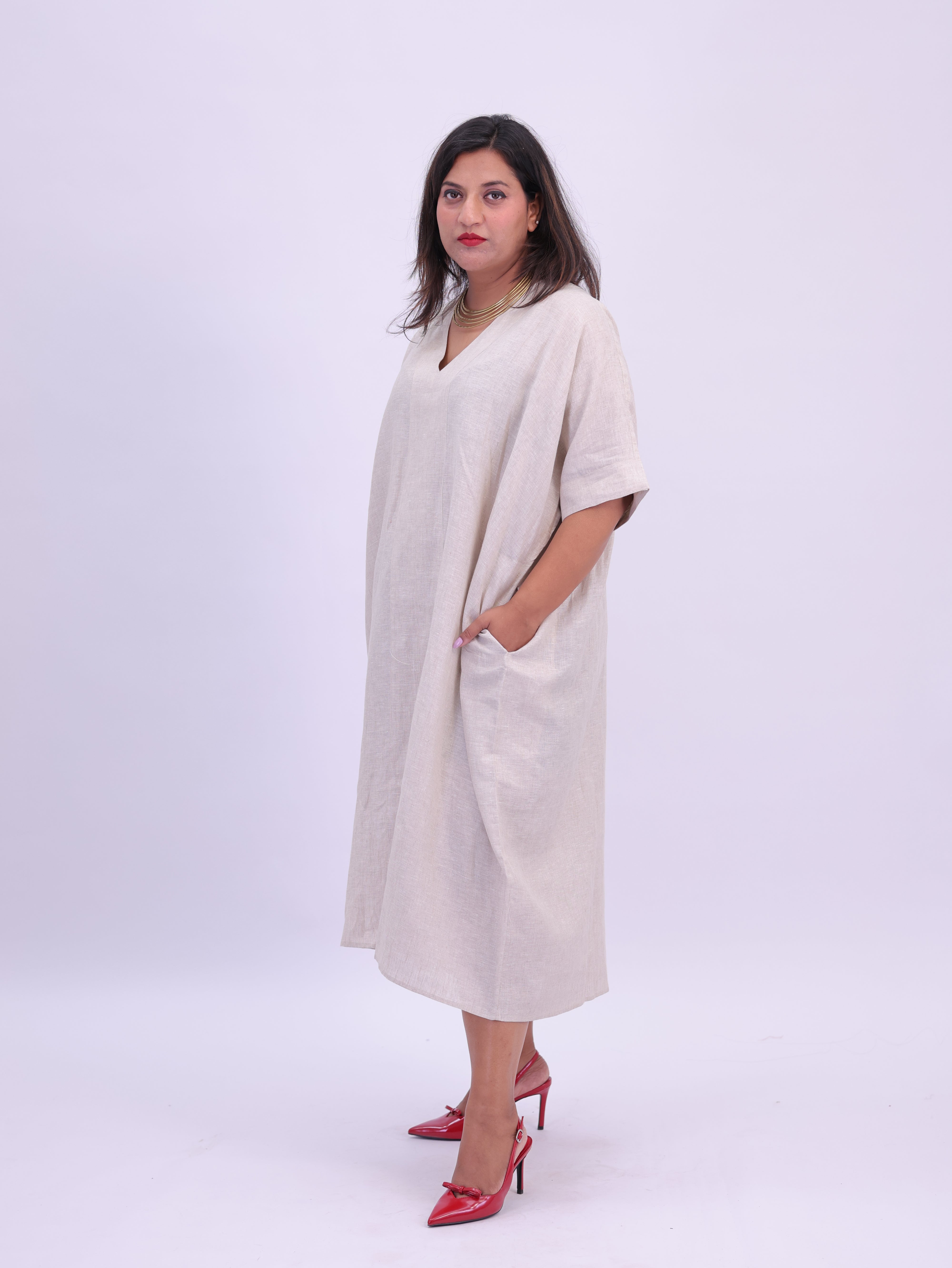 Saba Pure Linen Kaftan Dress - Natural Beige