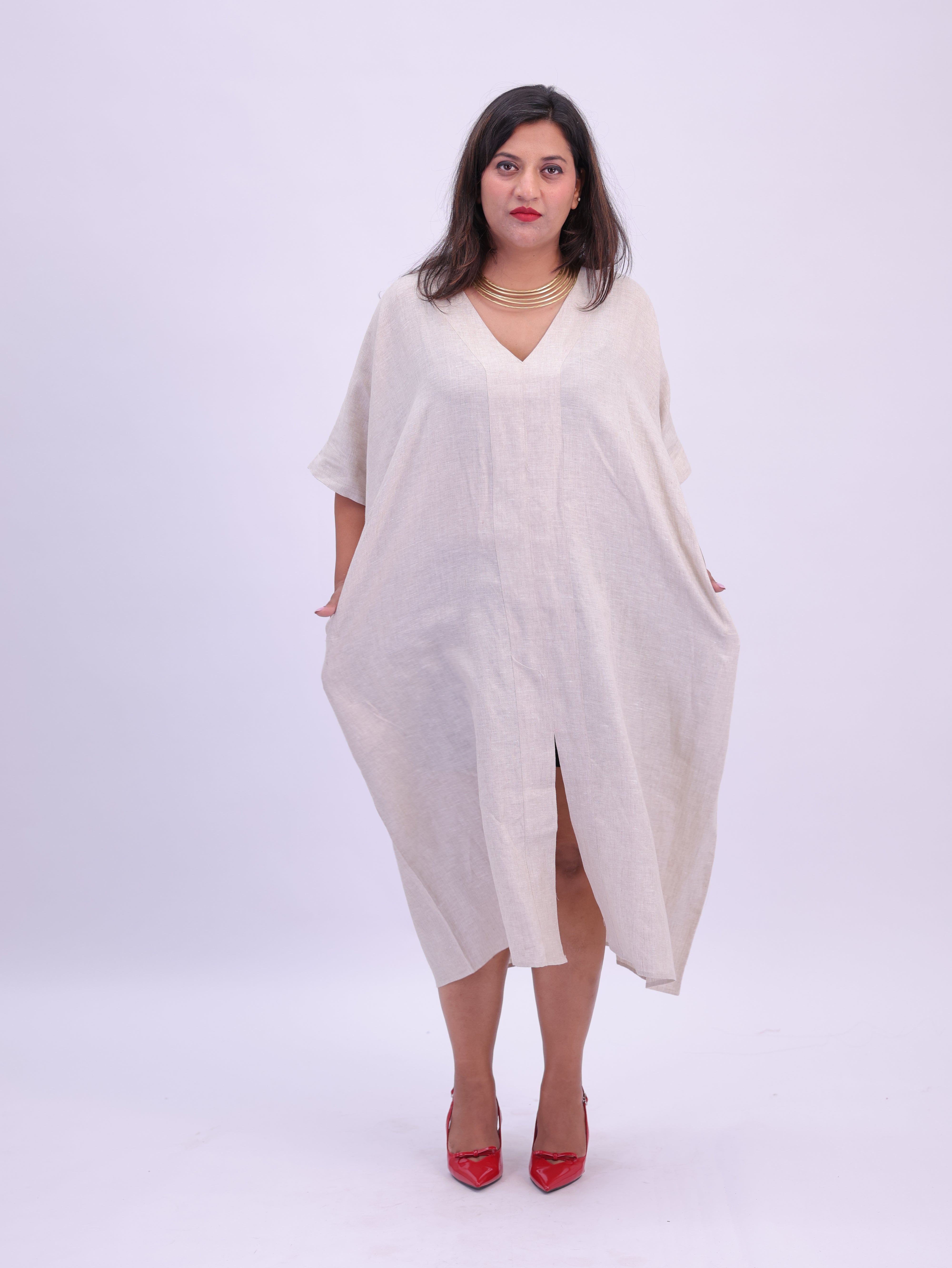 Saba Pure Linen Kaftan Dress - Natural Beige
