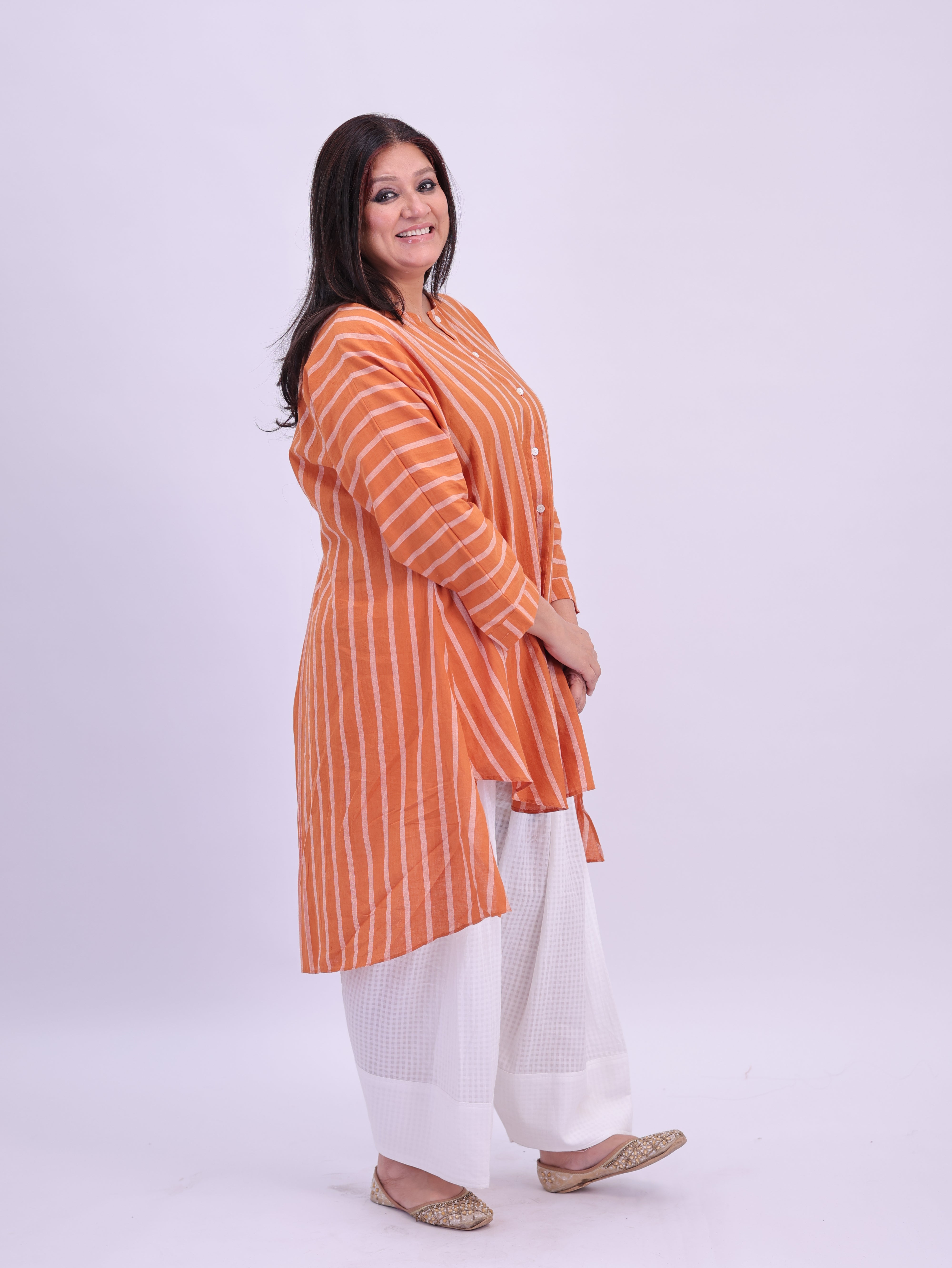"Rumi" handloom cotton Jamdani Kurta Mustard and White Stripes