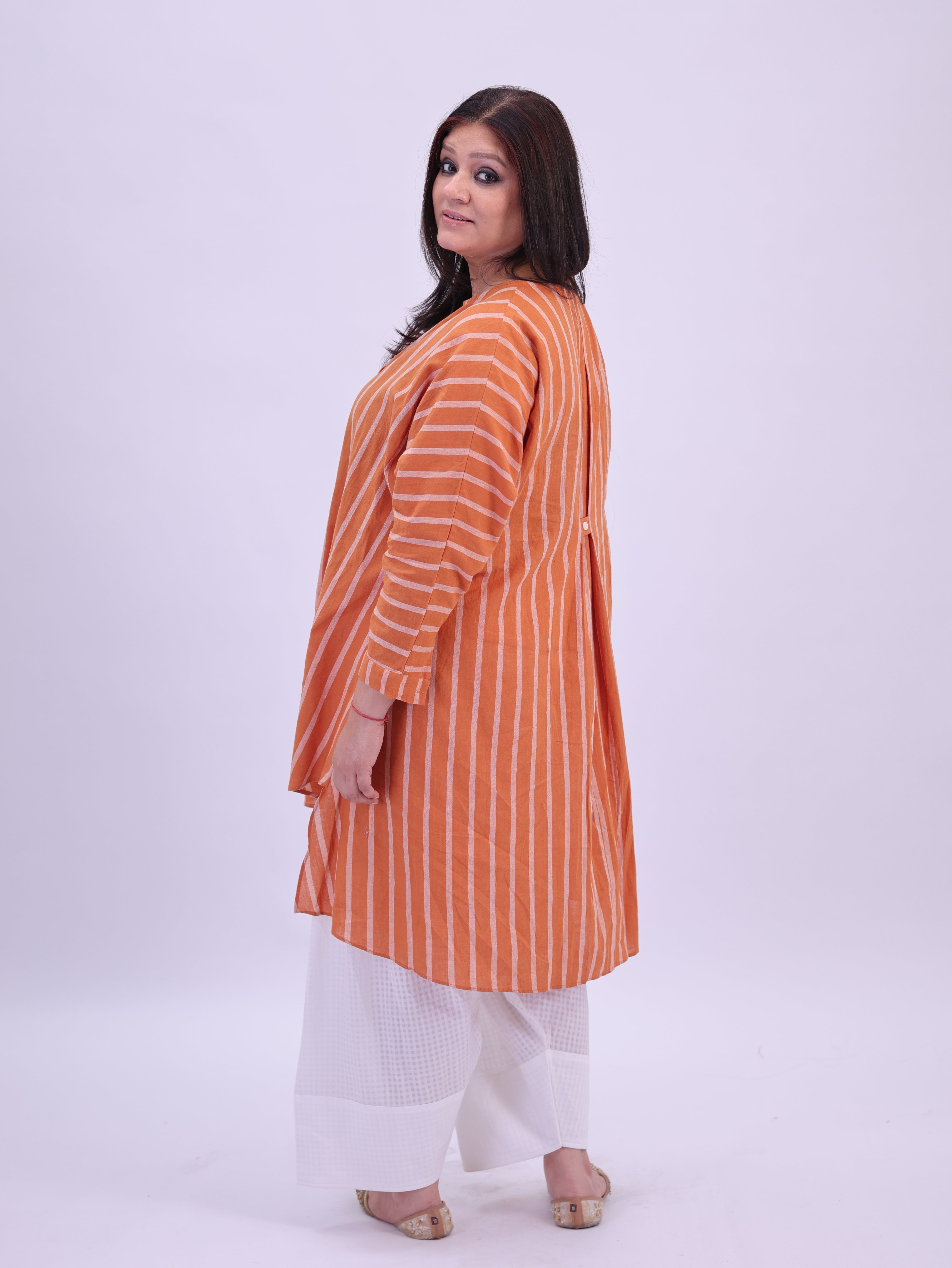 "Rumi" handloom cotton Jamdani Kurta Mustard and White Stripes