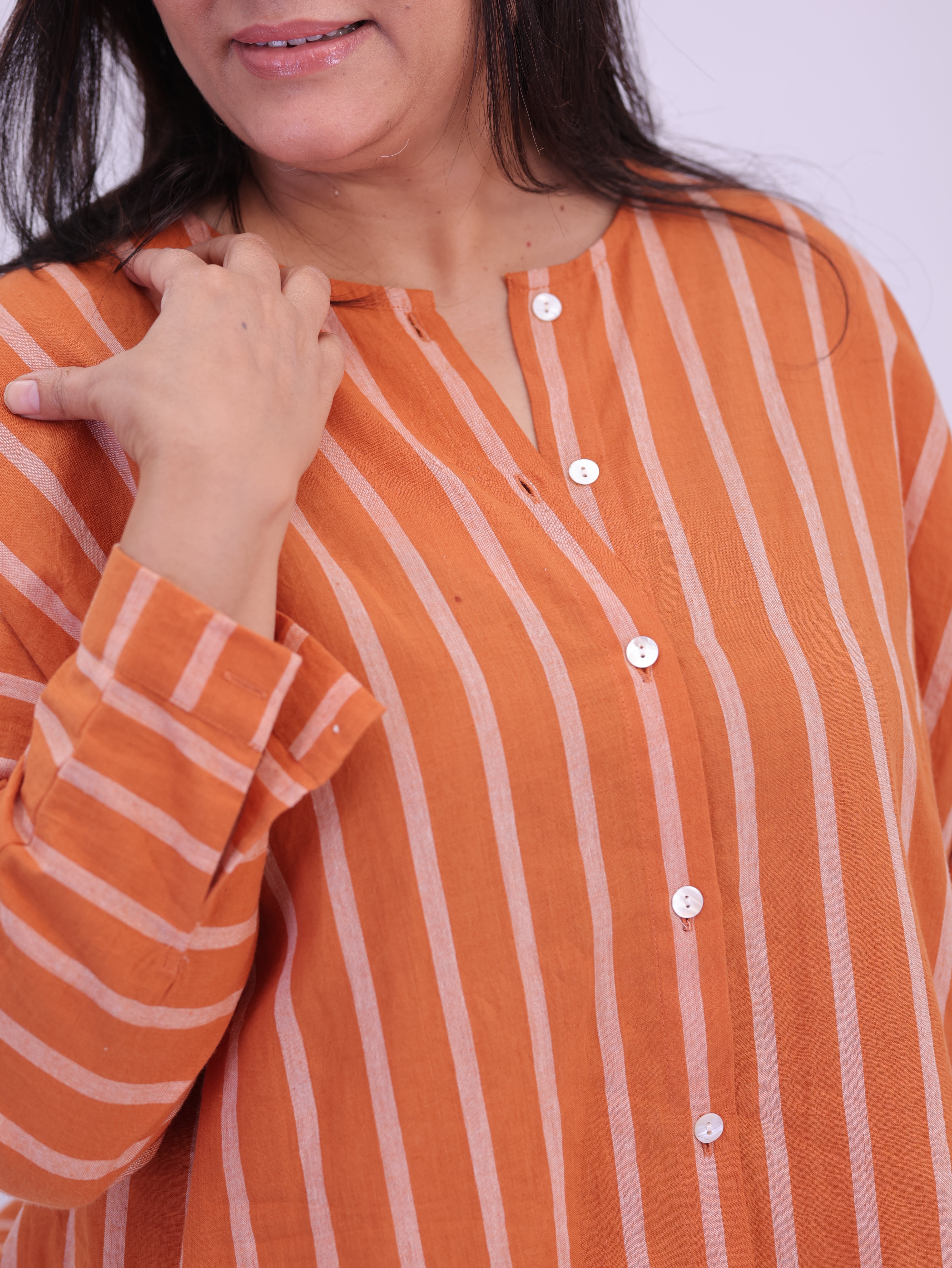 "Rumi" handloom cotton Jamdani Kurta Mustard and White Stripes